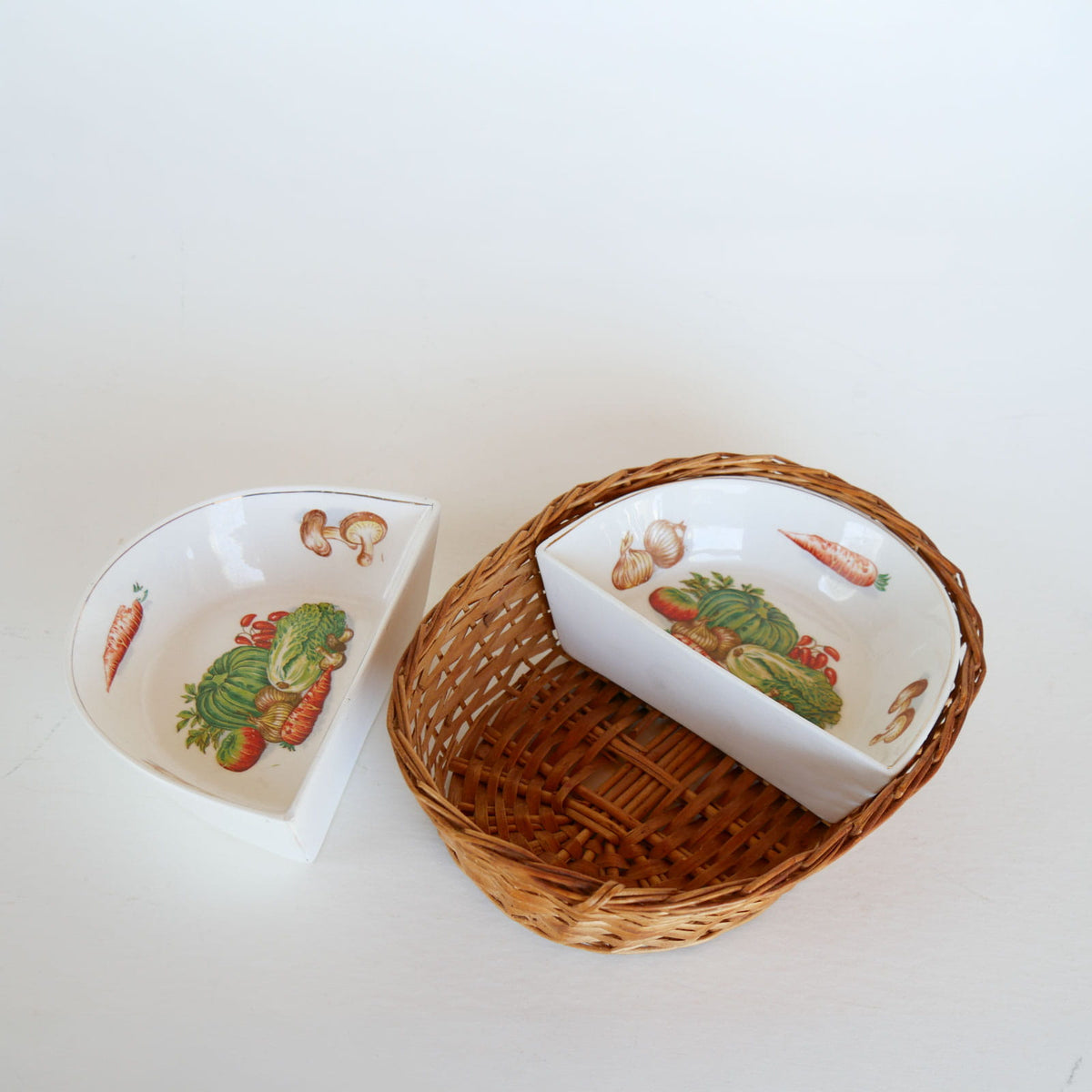 Vintage Ceramic Vegetable Condiment Tray with Wicker Basket, Vintage Vegetable Tray, Vintage Condiment Tray and Basket, VIntage Cottagecore Kitchen Decor, Vintage Cottage Kitchen Decor, Vintage Farmhouse Kitchen Decor
