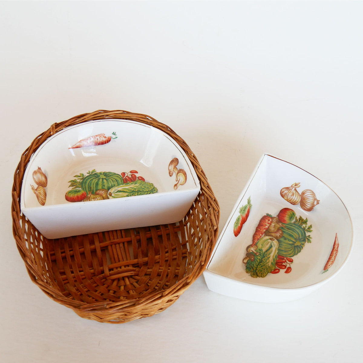 Vintage Ceramic Vegetable Condiment Tray with Wicker Basket, Vintage Vegetable Tray, Vintage Condiment Tray and Basket, VIntage Cottagecore Kitchen Decor, Vintage Cottage Kitchen Decor, Vintage Farmhouse Kitchen Decor
