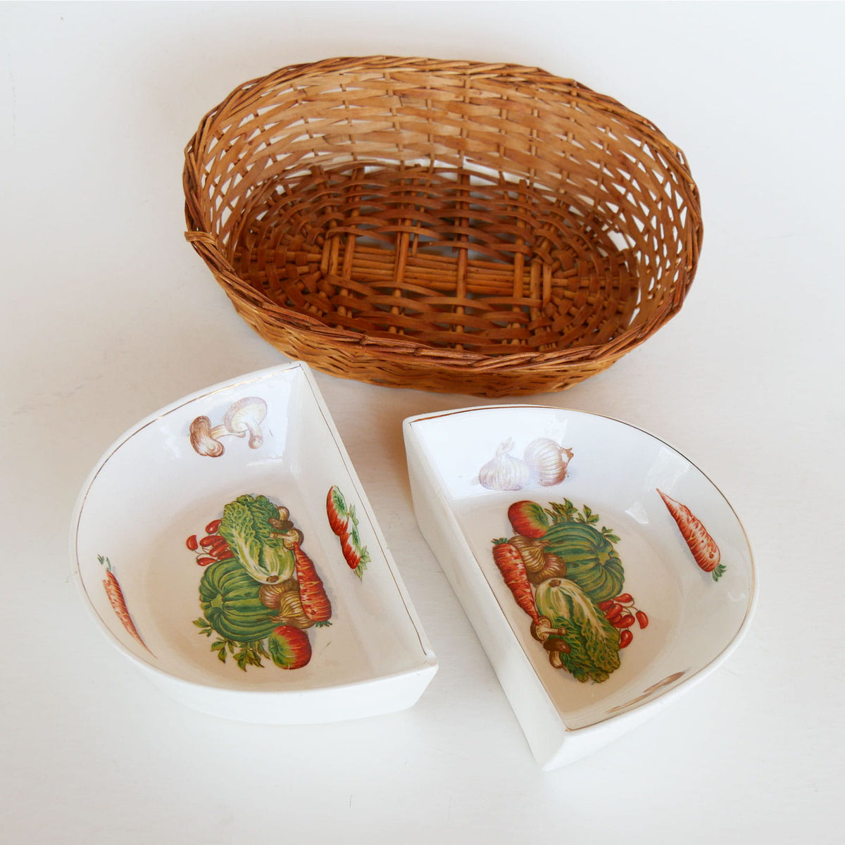 Vintage Ceramic Vegetable Condiment Tray with Wicker Basket, Vintage Vegetable Tray, Vintage Condiment Tray and Basket, VIntage Cottagecore Kitchen Decor, Vintage Cottage Kitchen Decor, Vintage Farmhouse Kitchen Decor