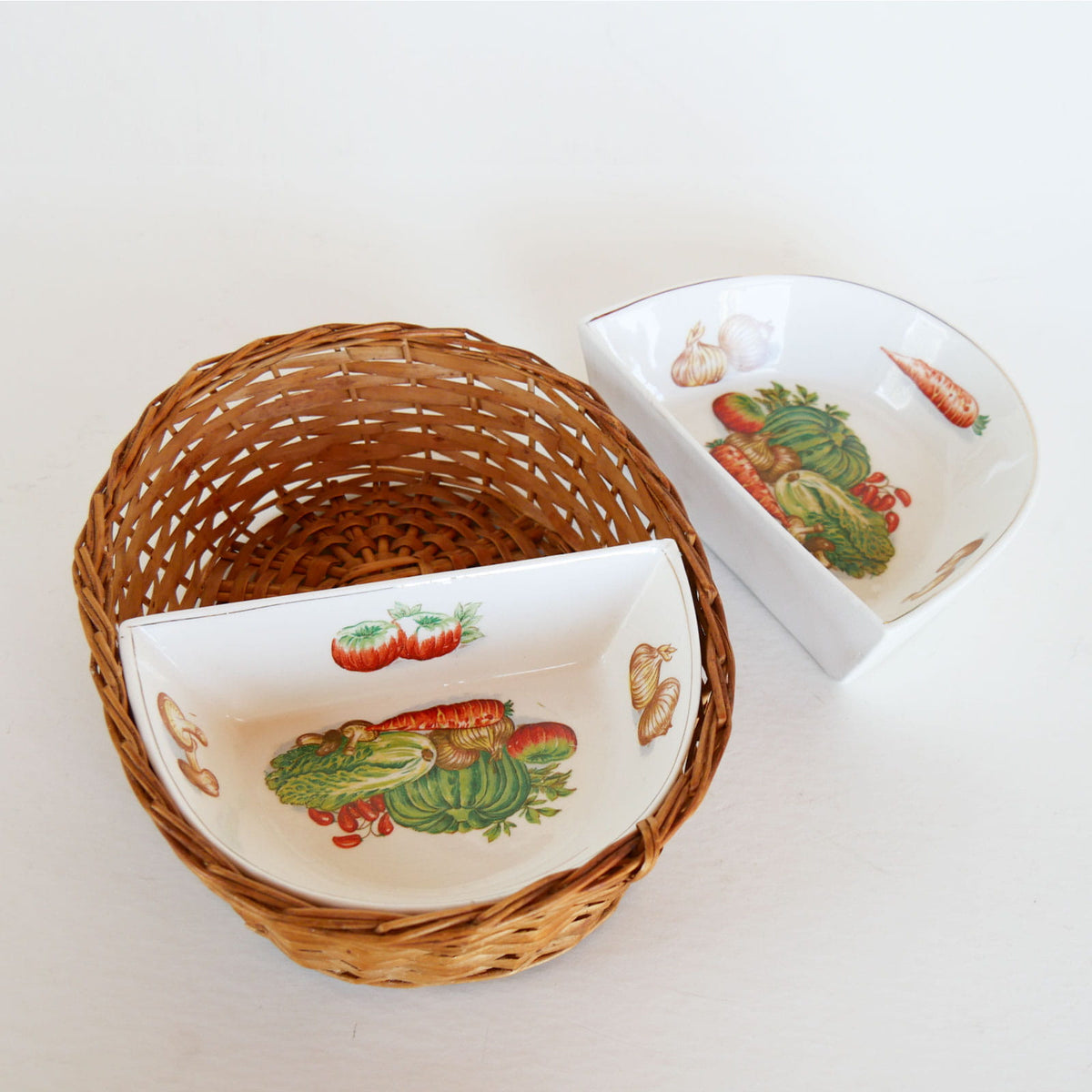 Vintage Ceramic Vegetable Condiment Tray with Wicker Basket, Vintage Vegetable Tray, Vintage Condiment Tray and Basket, VIntage Cottagecore Kitchen Decor, Vintage Cottage Kitchen Decor, Vintage Farmhouse Kitchen Decor