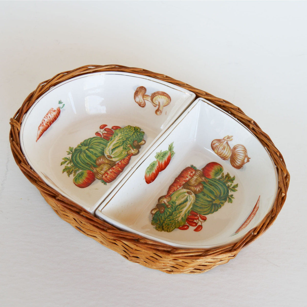 Vintage Ceramic Vegetable Condiment Tray with Wicker Basket, Vintage Vegetable Tray, Vintage Condiment Tray and Basket, VIntage Cottagecore Kitchen Decor, Vintage Cottage Kitchen Decor, Vintage Farmhouse Kitchen Decor