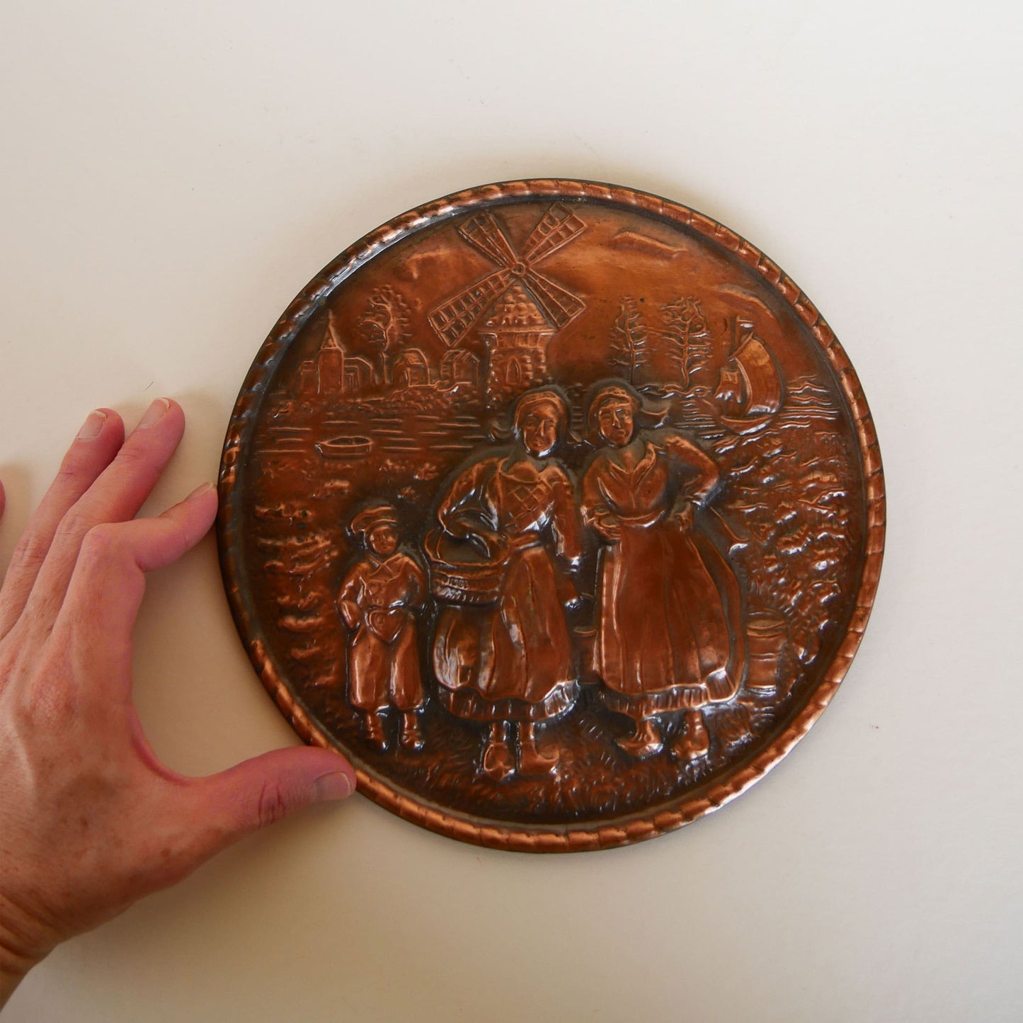 Vintage Copper Dutch Windmill Scene Wall Plaque, Made in England