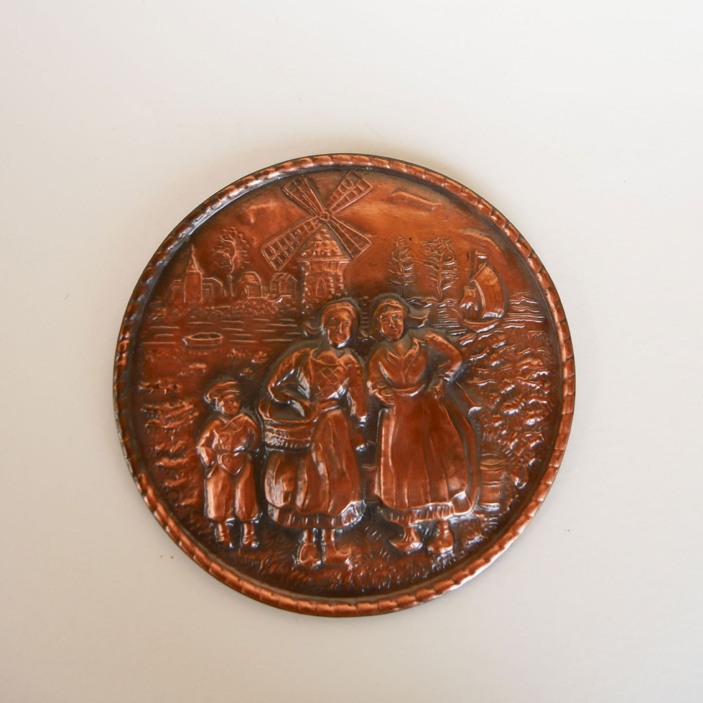 Vintage Copper Dutch Windmill Scene Wall Plaque, Made in England