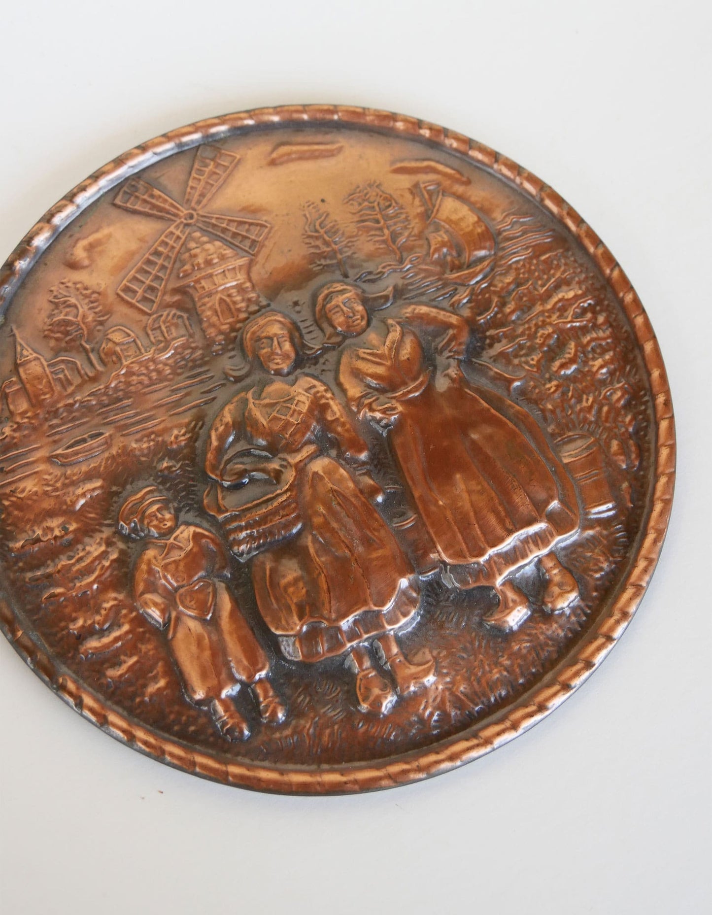 Vintage Copper Dutch Windmill Scene Wall Plaque, Made in England