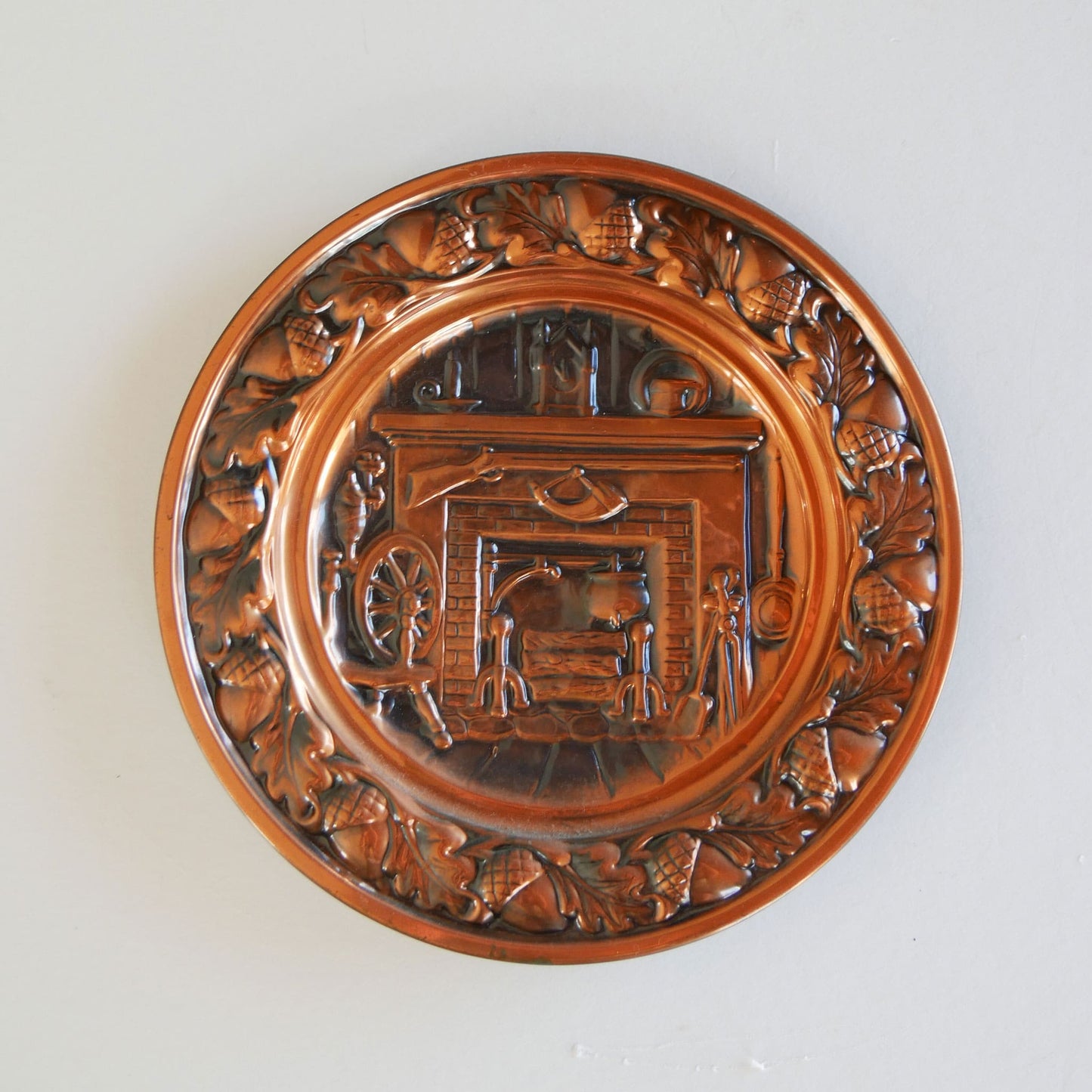 Vintage Coppercraft Guild Colonial Wall Plaque, Spinning Wheel and Hearth, Vintage Colonial Copper Wall Plaque, Vintage Copper Wall Plaque