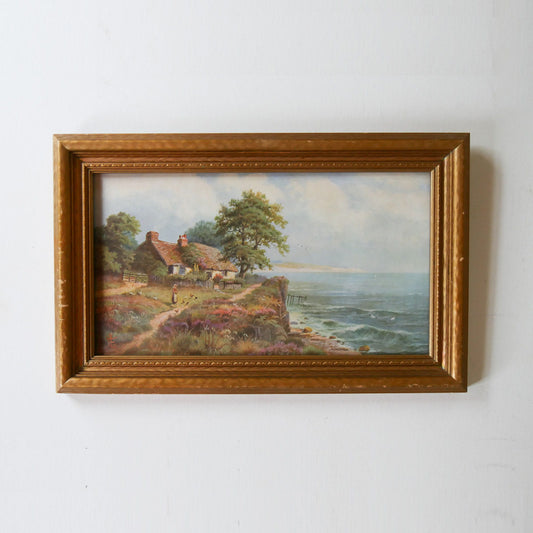 Vintage Framed Cottage by the Coast Canva Print, Cottagecore Print, Vintage Cottage Artwork, Vintage Canvas Cottage Scene Art, Cottagecore Wall Decor, Vintage Farmhouse Cottage Decor, Vintage Cottage Wall Decor