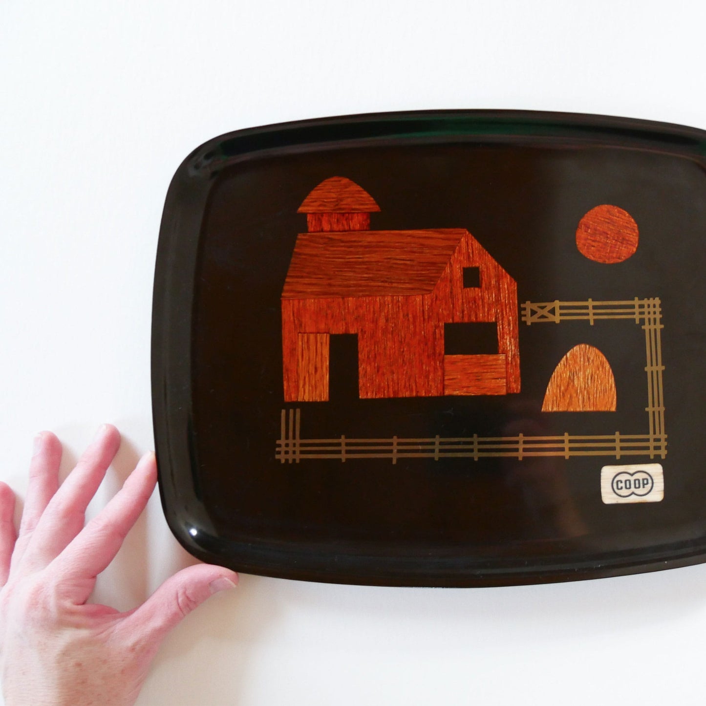 Vintage-Couroc-of-Monterey-Barn-Scene-Tray, Farmhouse DEcorative Tray, Vintage Farmhouse Wall Decor, Vintage Farm Scene Tray, Vintage Decorative Tray, Vintage Farmhouse Decor, Vintage Wall Decor