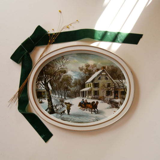 Vintage Currier and Ives Metal Tray The American Homestead Winter