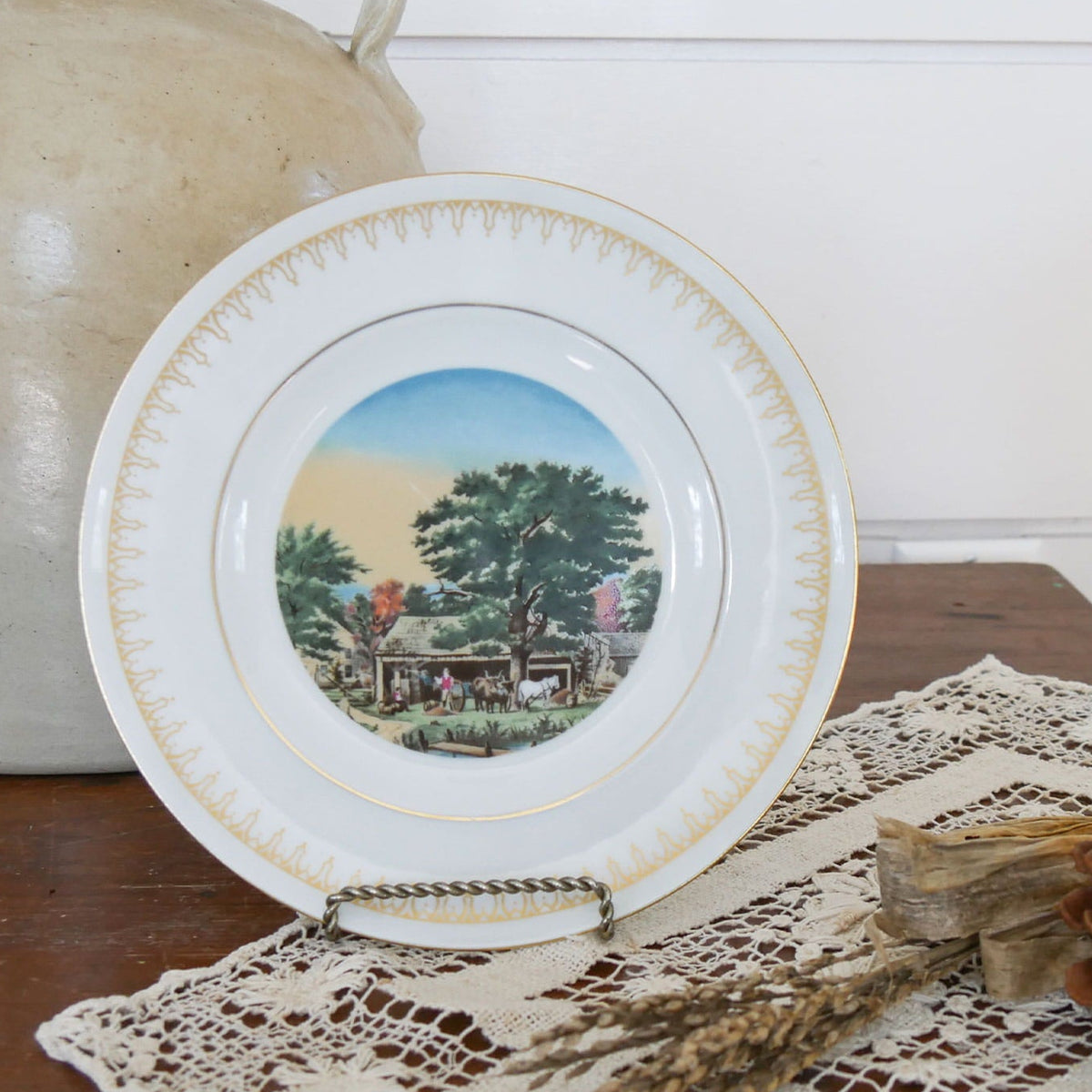 Vintage Currier & Ives Country Plate Collection, Vintage Bing and Grondahl, Autumn in New England Currier and Ives, The Western Farmer's Home Currier and Ives, Vintage Farmhouse Plate Wall, Vintage Farm Plate Wall