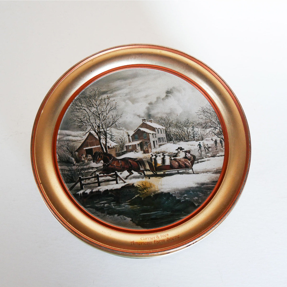 Vintage Currier & Ives Round Tin, American Farm Scene, Currier and Ives American Farm Scene, Vintage Currier and Ives, Currier and Ives Winter DEcor, Vintage Currier and Ives Holiday DEcor