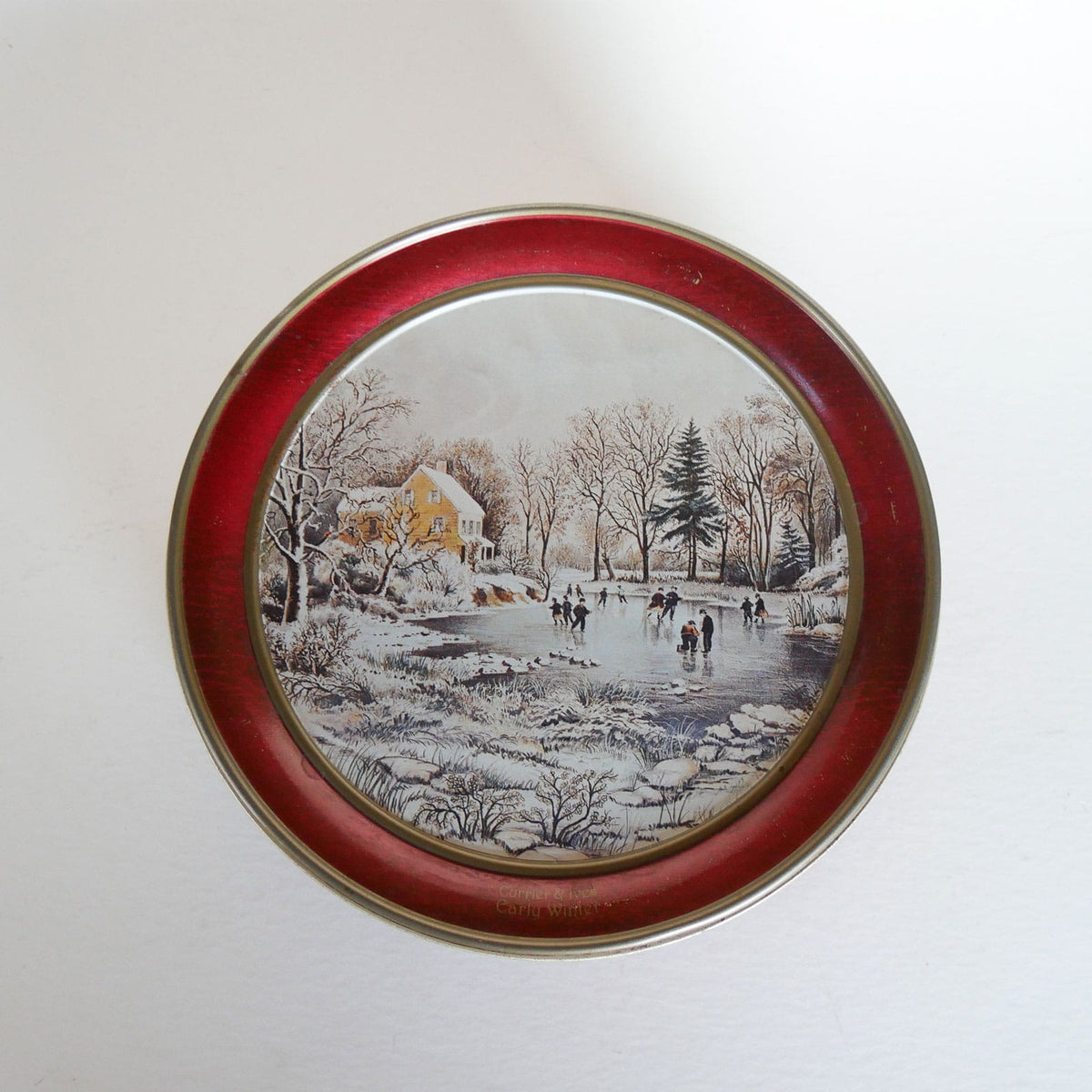 Vintage Currier & Ives Round Tin, Earky Winter Scene, Currier and Ives Early Winter Scene, Vintage Currier and Ives, Currier and Ives Winter DEcor, Vintage Currier and Ives Holiday DEcor