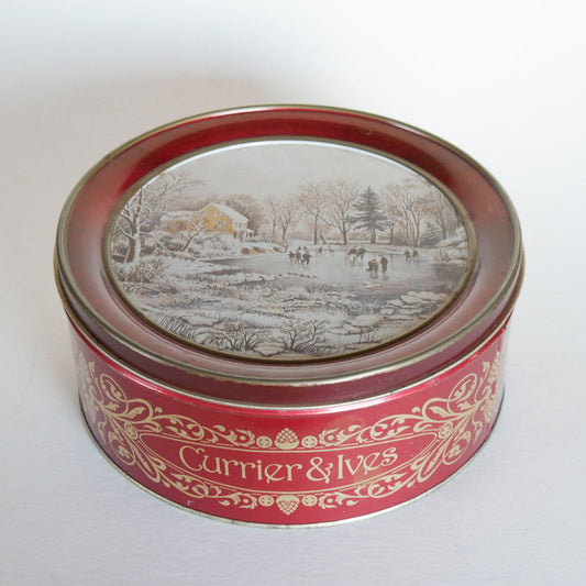 Vintage Currier & Ives Round Tin, Earky Winter Scene, Currier and Ives Early Winter Scene, Vintage Currier and Ives, Currier and Ives Winter DEcor, Vintage Currier and Ives Holiday DEcor