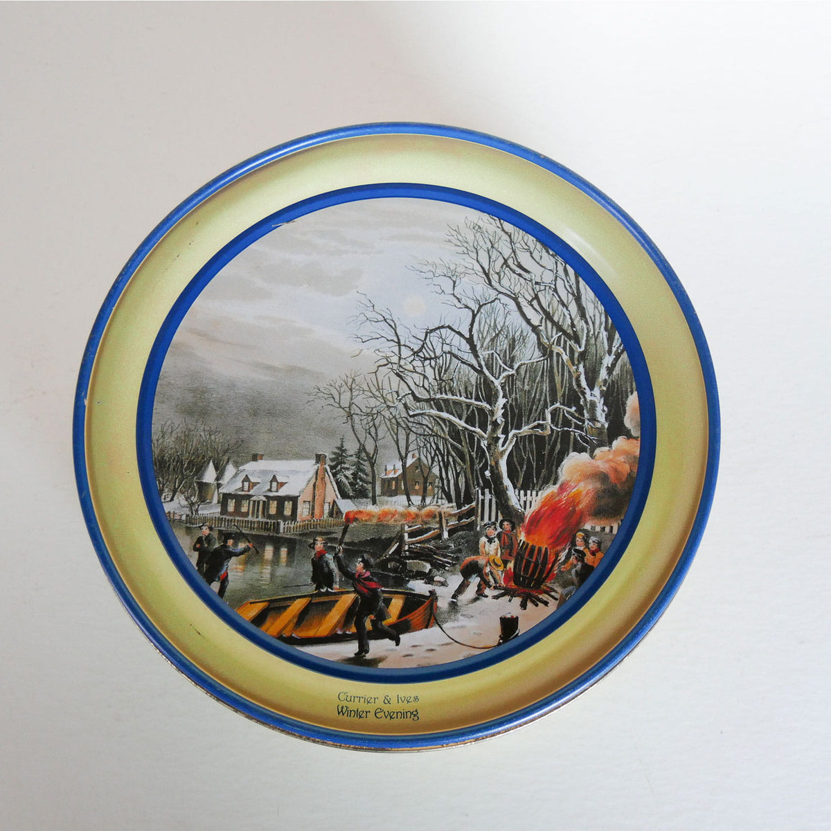 Vintage Currier & Ives Round Tin, Winter Evening Scene, Currier and Ives Winter Evening Scene, Vintage Currier and Ives, Currier and Ives Winter DEcor, Vintage Currier and Ives Holiday DEcor
