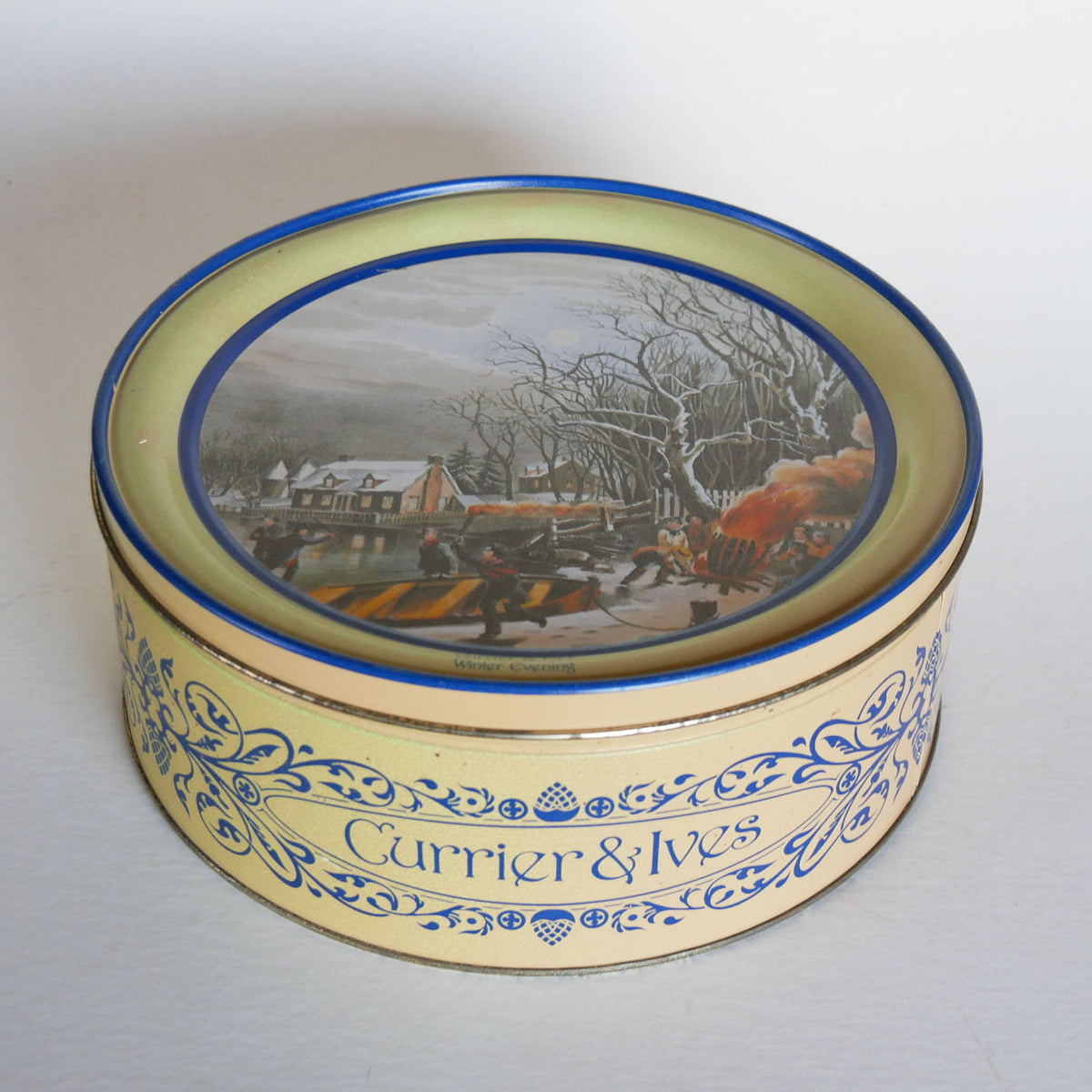 Vintage Currier & Ives Round Tin, Winter Evening Scene, Currier and Ives Winter Evening Scene, Vintage Currier and Ives, Currier and Ives Winter DEcor, Vintage Currier and Ives Holiday DEcor