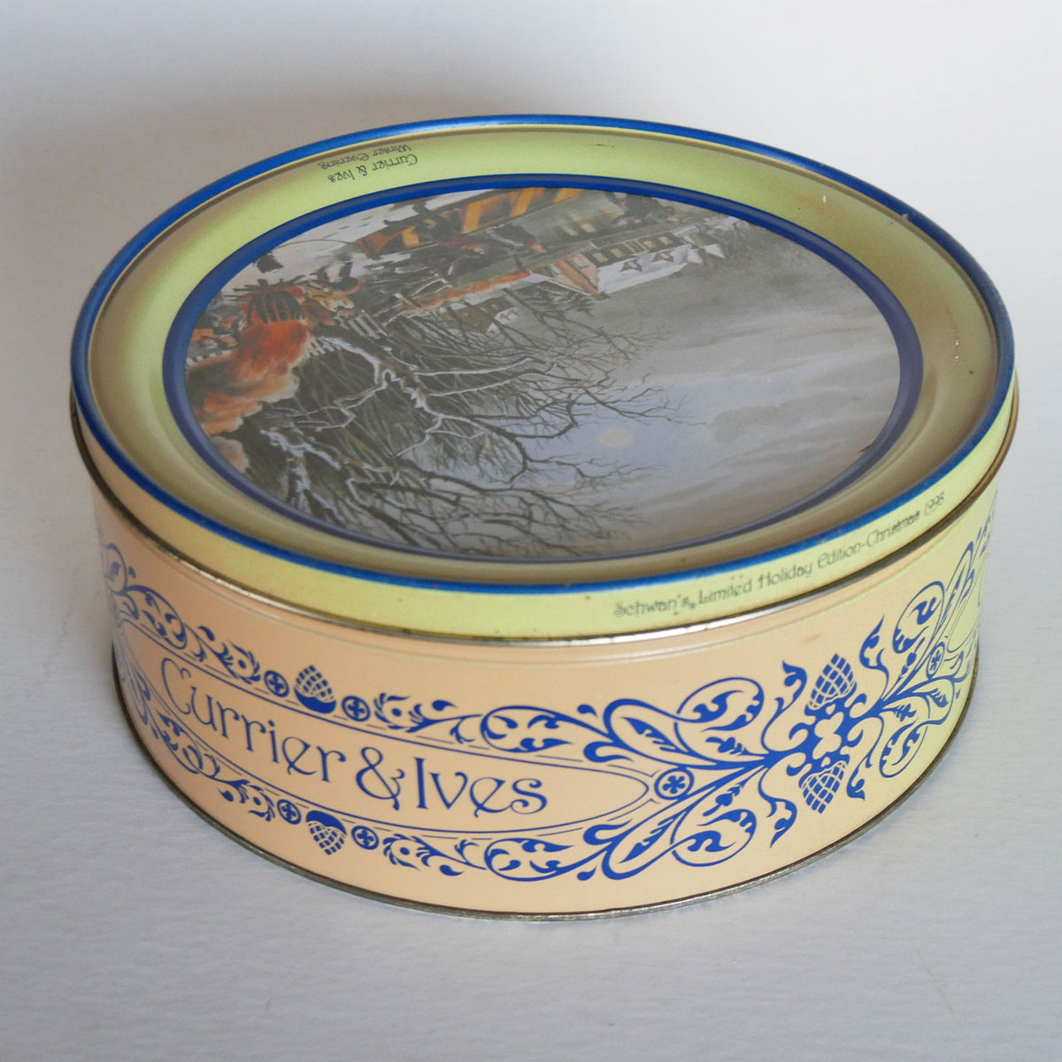 Vintage Currier & Ives Round Tin, Winter Evening Scene, Currier and Ives Winter Evening Scene, Vintage Currier and Ives, Currier and Ives Winter DEcor, Vintage Currier and Ives Holiday DEcor