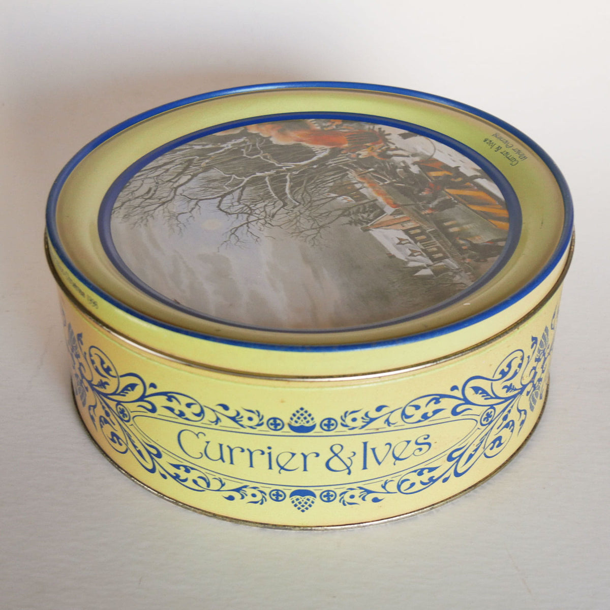 Vintage Currier & Ives Round Tin, Winter Evening Scene, Currier and Ives Winter Evening Scene, Vintage Currier and Ives, Currier and Ives Winter DEcor, Vintage Currier and Ives Holiday DEcor