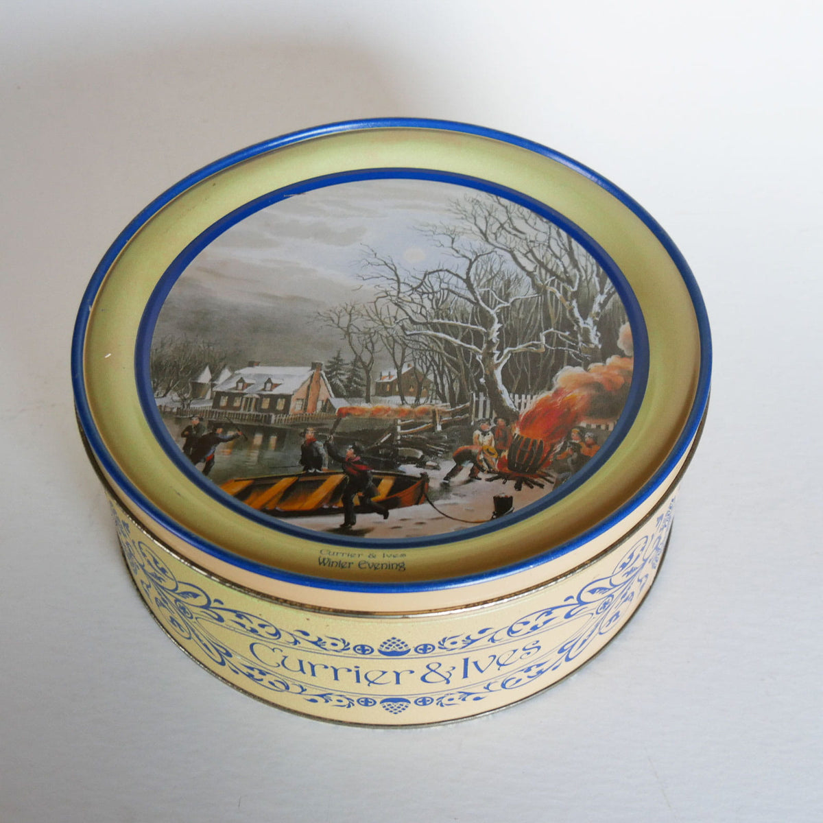 Vintage Currier & Ives Round Tin, Winter Evening Scene, Currier and Ives Winter Evening Scene, Vintage Currier and Ives, Currier and Ives Winter DEcor, Vintage Currier and Ives Holiday DEcor