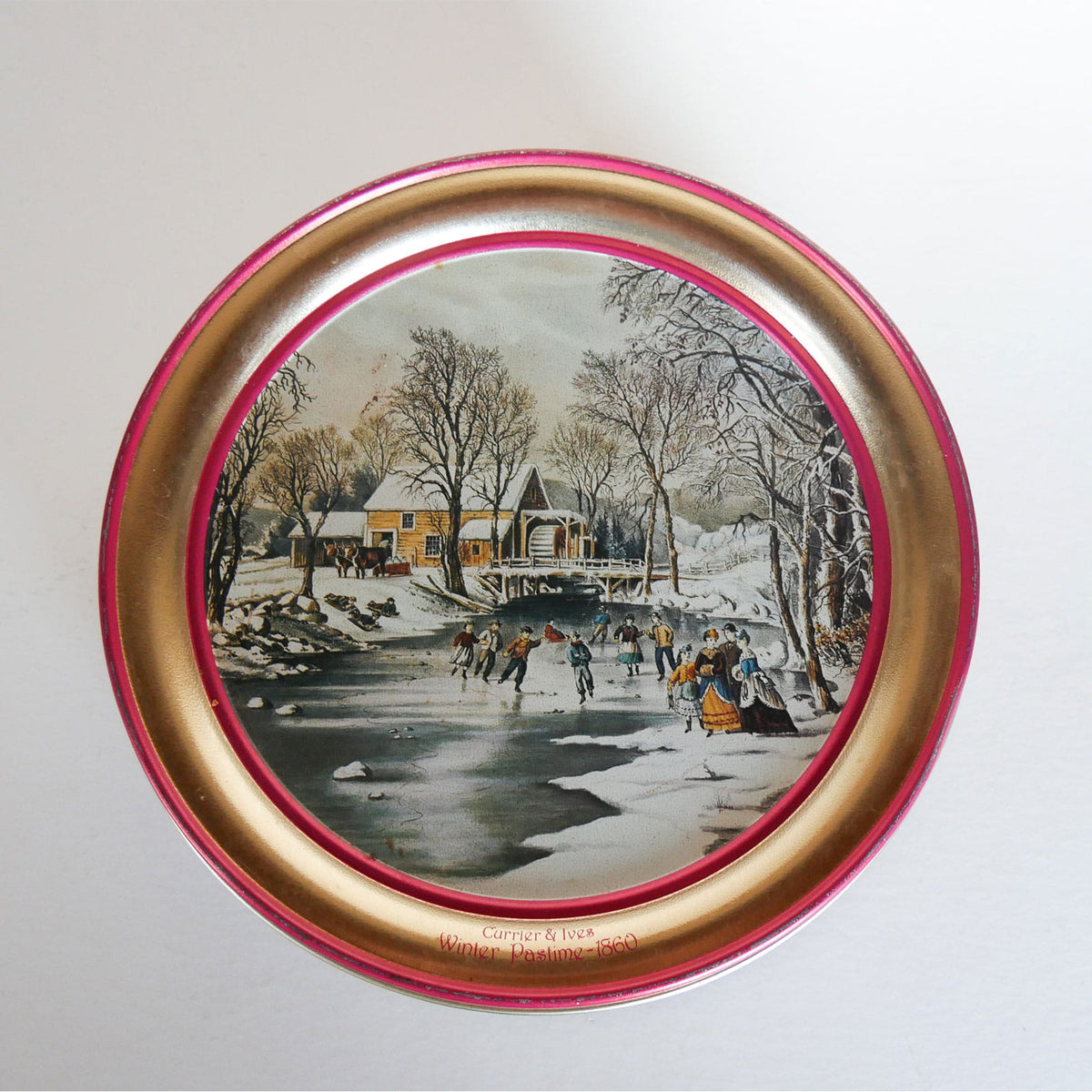 Vintage Currier & Ives Round Tin, Winter Pastime Scene, Currier and Ives Winter Pastime Scene, Vintage Currier and Ives, Currier and Ives Winter DEcor, Vintage Currier and Ives Holiday DEcor