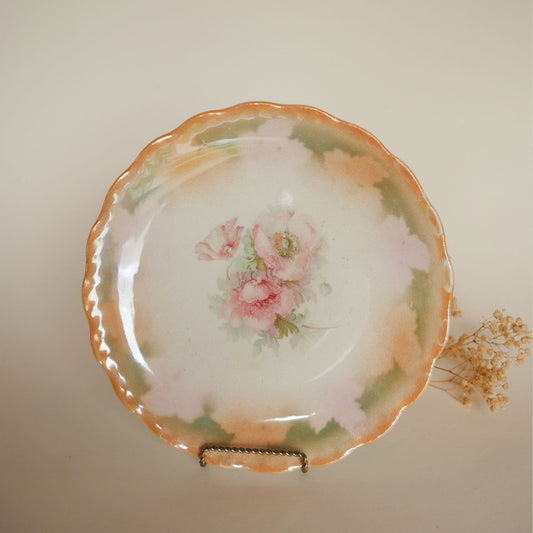 Vintage Pink Floral 10in Plate with Gold Scalloped Edge, D.E. McNicol, East Liverpool Vintage Pastel 10in Floral Plate, Vintage Floral Plate Wall