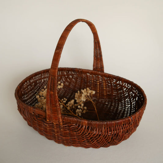 Vintage Brown Wicker Oval Basket with Handle, Vintage Wicker Flower Basket, Oval Wicker Handle Basket