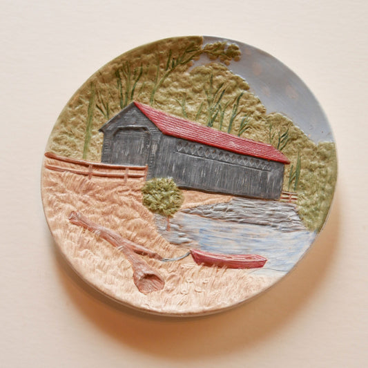 Vintage Ceramic Hand Painted Decorative Plate, Covered Bridge Scene, Woods Scene Decorative Plate, Vintage Decorative Plate Wall Decor, Vintage Cabin Wall Decor, Vintage Woods Wall DEcor