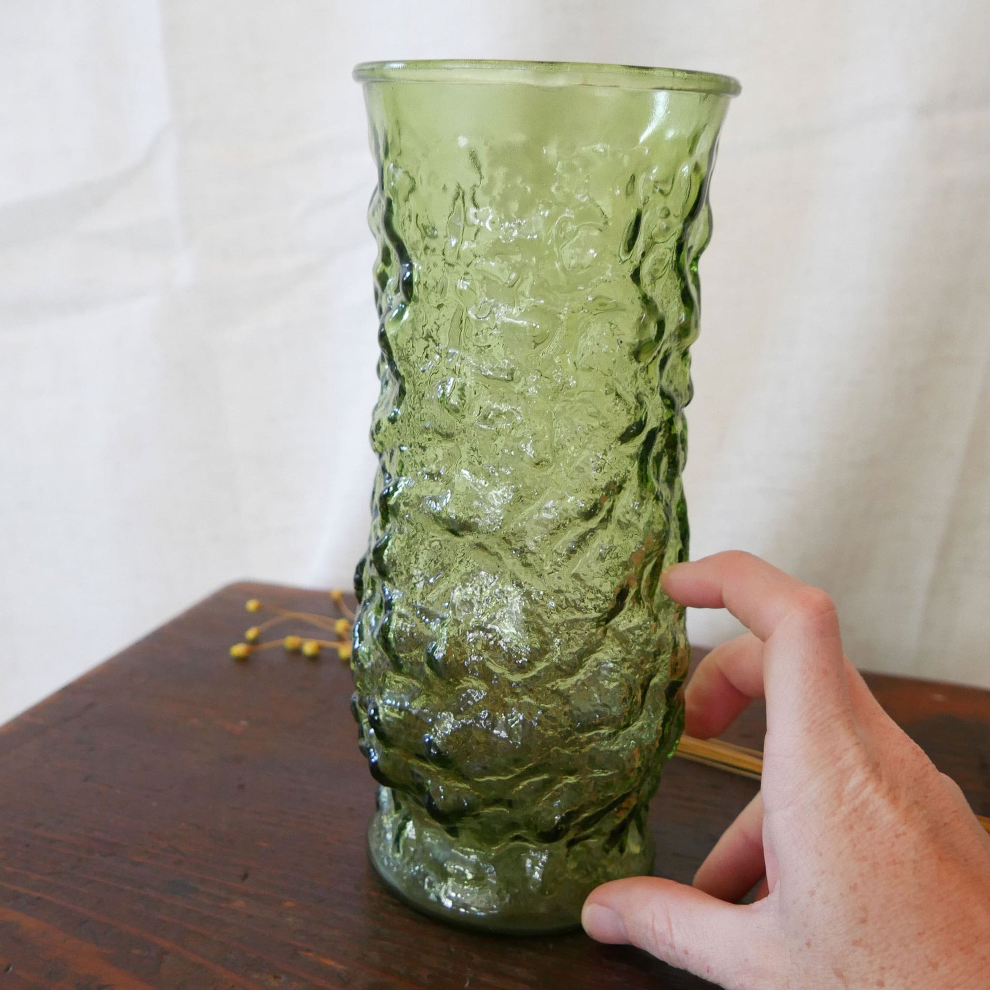 Vintage EO Brody Green Glass Vase, Vintage Green Crinkle Glass, Vintage Emerald Green Glass Vase