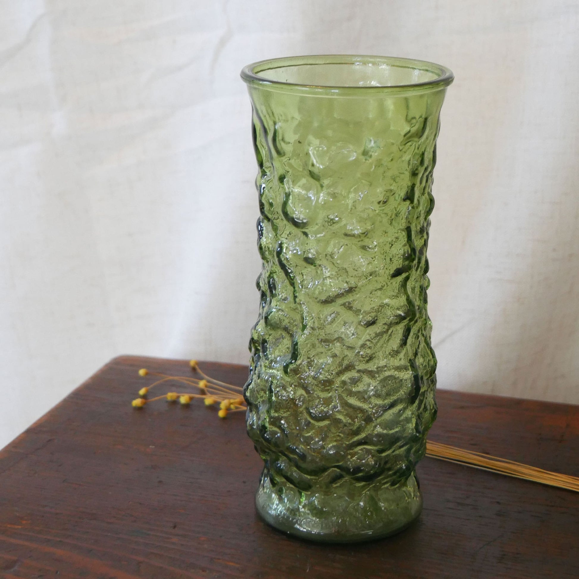 Vintage EO Brody Green Glass Vase, Vintage Green Crinkle Glass, Vintage Emerald Green Glass Vase