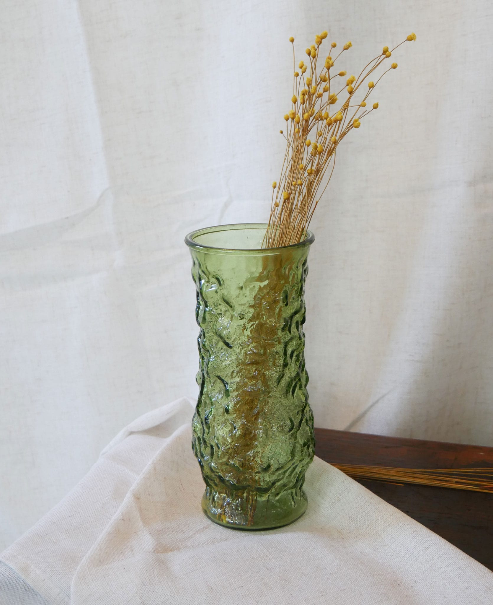 Vintage EO Brody Green Glass Vase, Vintage Green Crinkle Glass, Vintage Emerald Green Glass Vase