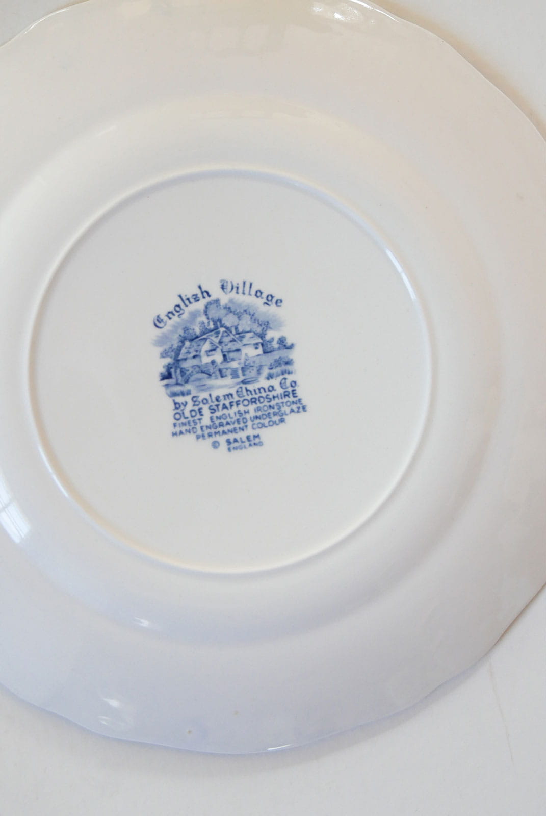 Vintage-English-Village-Solem-China-Salem-Plate, Vintage Salem Plate, Vintage Colonial Blue and White Plates, Vintage Marked PLate, Vintage Blue and White Plate Wall, Cottagecore Plate Wall, Blue Cottage Plate