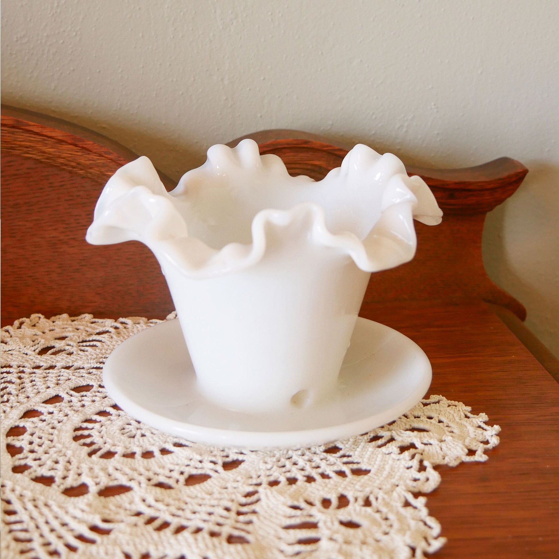 Fenton Milk Glass Ruffled Planter wtih Drain Hole and Saucer Vintage Fenton Milk Glass Planter