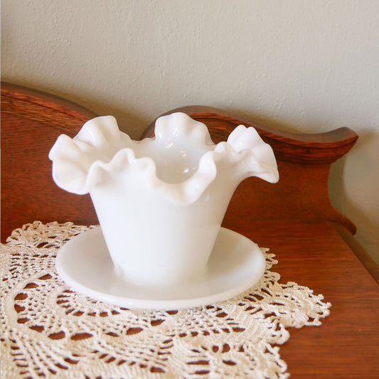 Fenton Milk Glass Ruffled Planter wtih Drain Hole and Saucer Vintage Fenton Milk Glass Planter