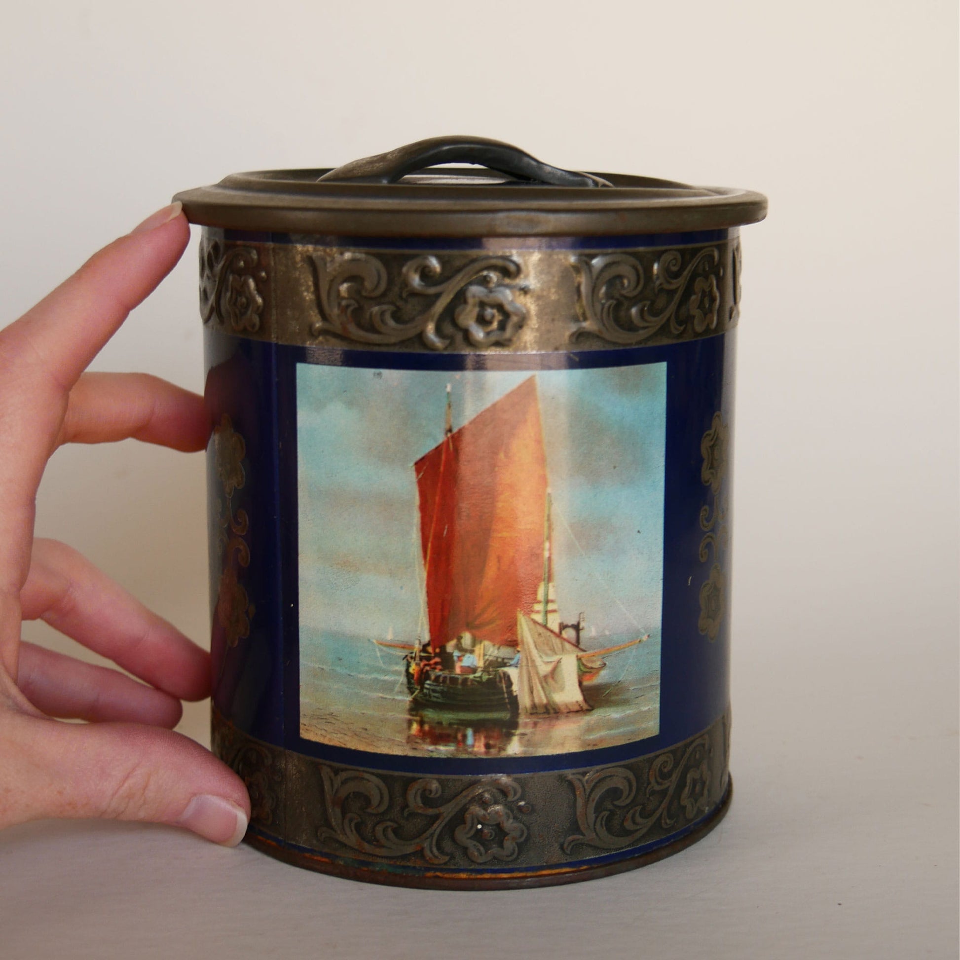 Vintage Fishing Boat Tea Tin Cannister, Made in Germany, Vintage Nautical Canister, Vintage Nautical Tin, Vintage Tin, Vintage Boat Tin, Vintage Fishing Boat Tin, Vintage Nautical Decor