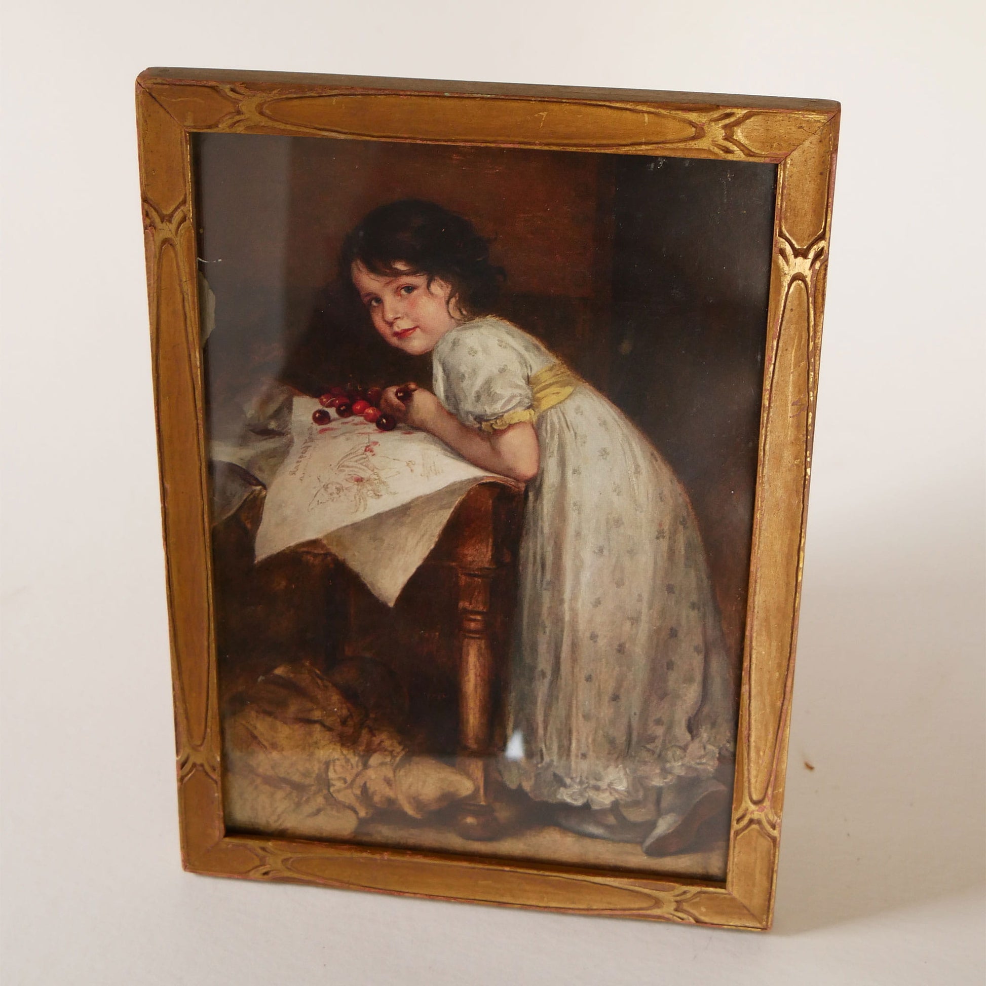 Vintage Framed Girl with Cherries Print, Friedrich August von Kaulbach, Vitnage Girl Print, Vintage Framed Young Dark Hair Girl, Vintage 8x11 Girl with CHerries Print