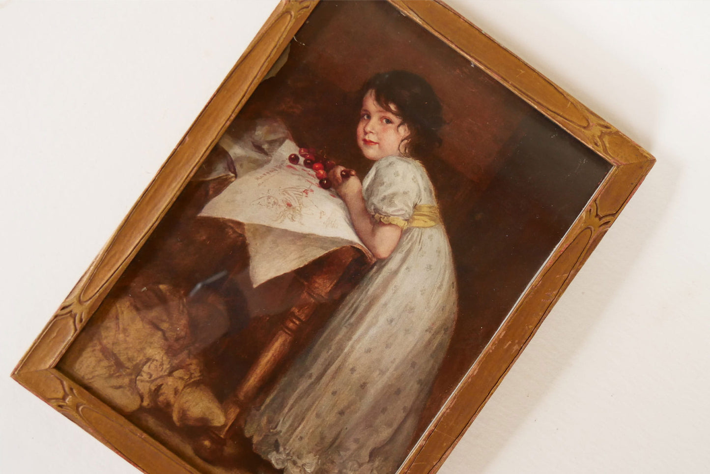 Vintage Framed Girl with Cherries Print, Friedrich August von Kaulbach, Vitnage Girl Print, Vintage Framed Young Dark Hair Girl, Vintage 8x11 Girl with CHerries Print