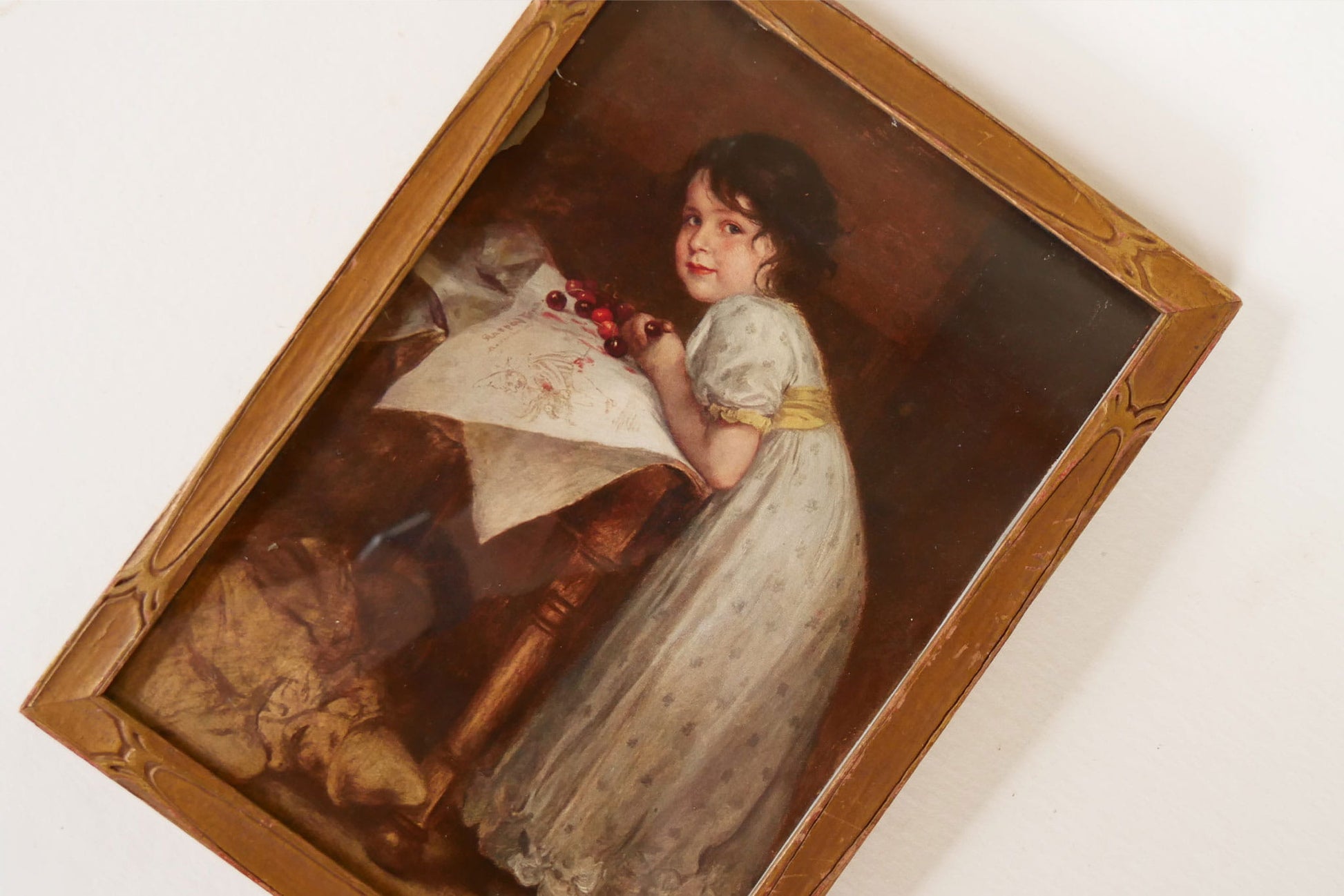 Vintage Framed Girl with Cherries Print, Friedrich August von Kaulbach, Vitnage Girl Print, Vintage Framed Young Dark Hair Girl, Vintage 8x11 Girl with CHerries Print