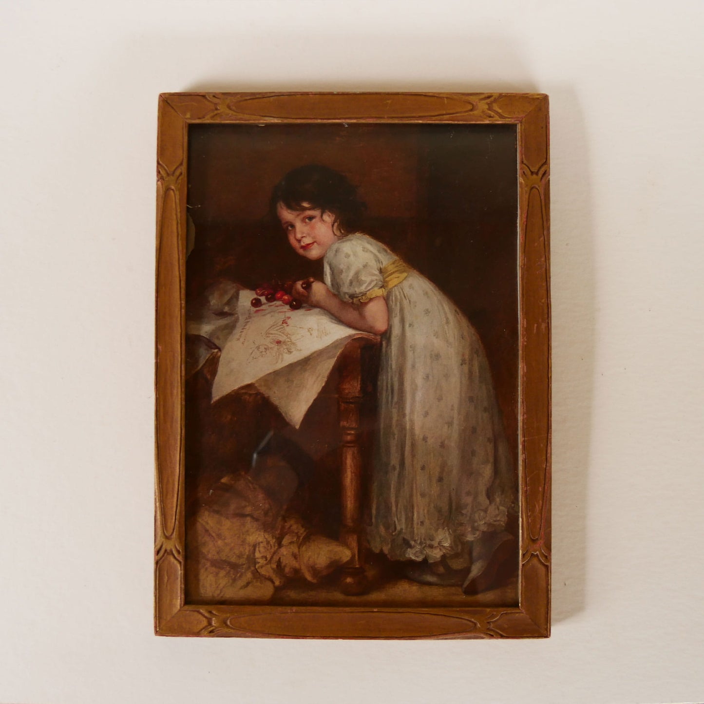 Vintage Framed Girl with Cherries Print, Friedrich August von Kaulbach, Vitnage Girl Print, Vintage Framed Young Dark Hair Girl, Vintage 8x11 Girl with CHerries Print