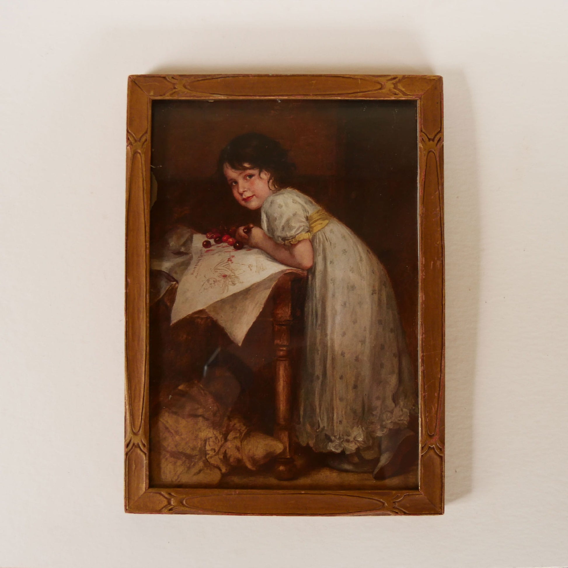 Vintage Framed Girl with Cherries Print, Friedrich August von Kaulbach, Vitnage Girl Print, Vintage Framed Young Dark Hair Girl, Vintage 8x11 Girl with CHerries Print