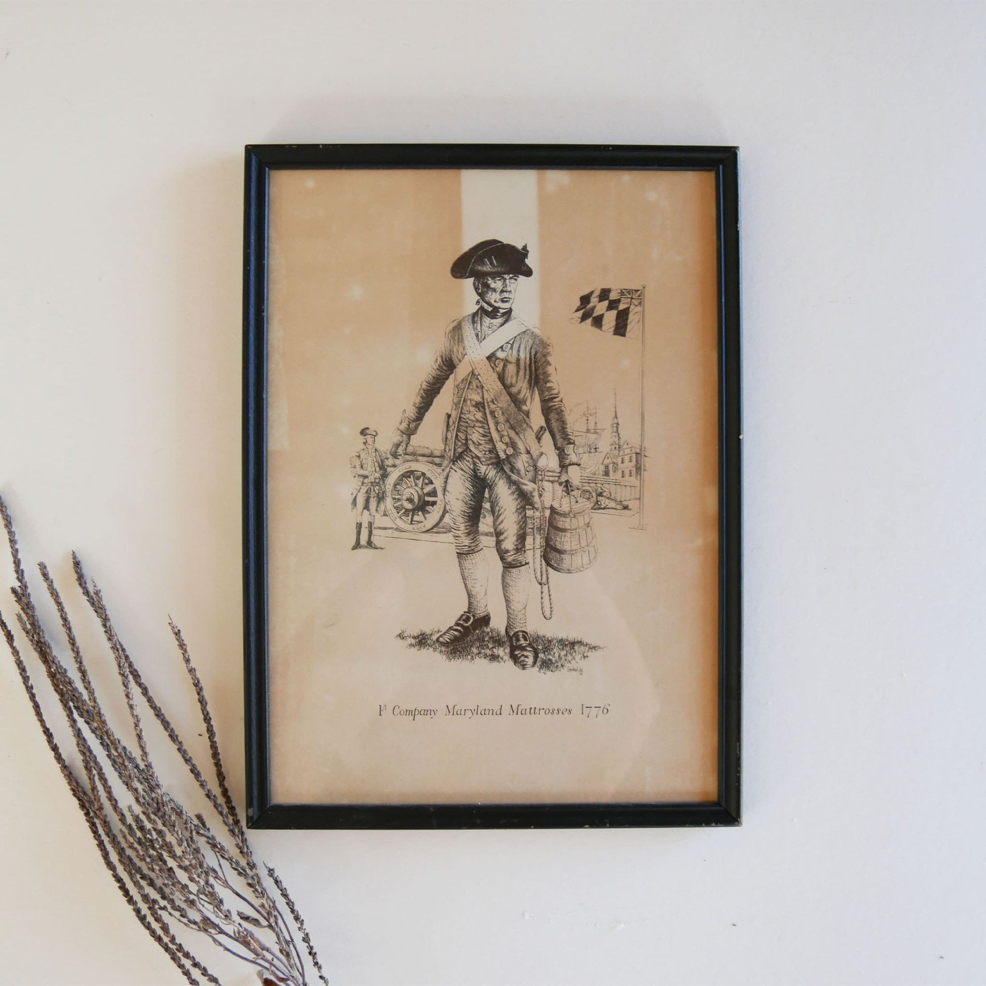 Vintage Framed 1st Company Maryland Mattrosses 1776 Solder, Framed American Revolution Solder