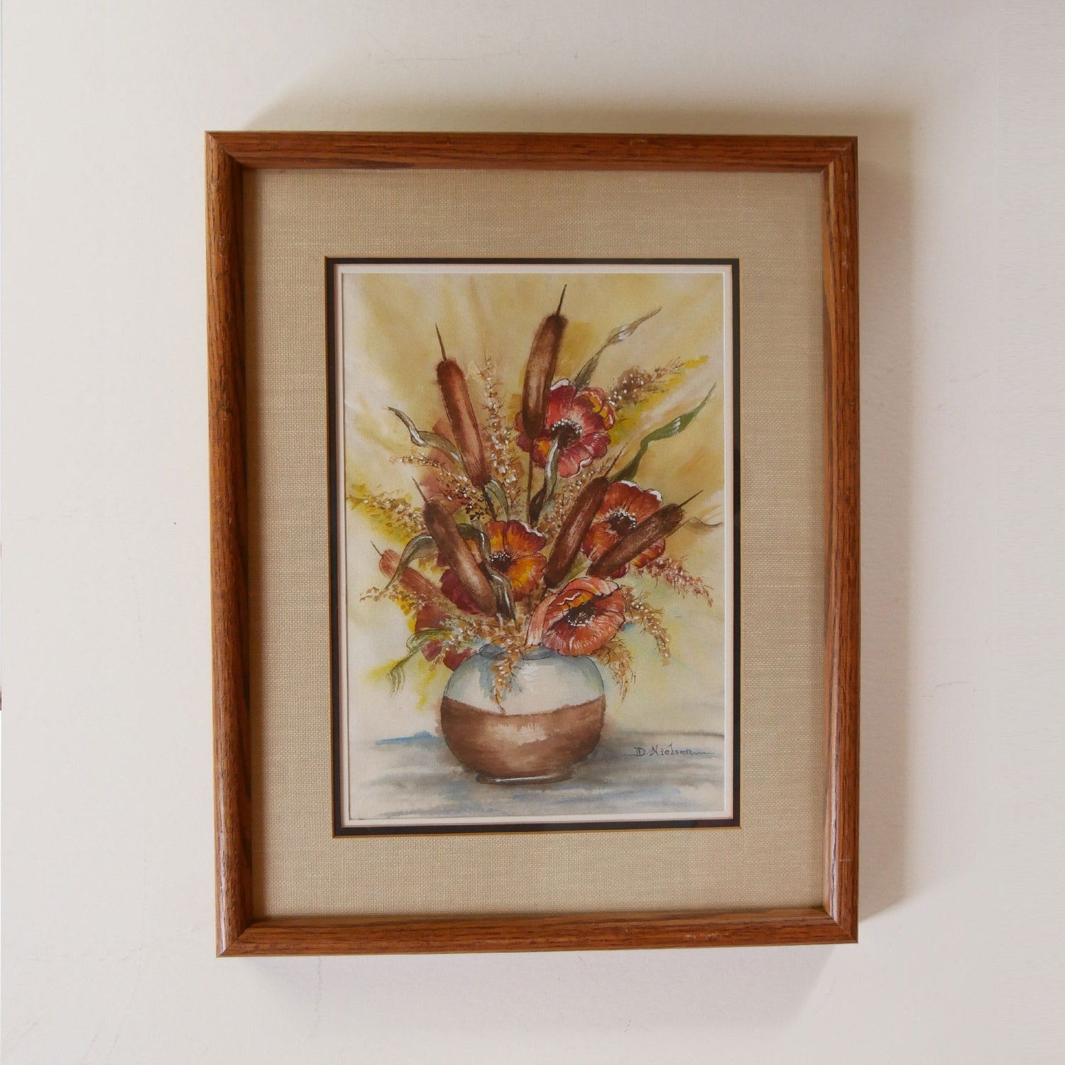 Vintage Framed Florals in Vase Watercolor, Vintage Watercolor Print, Vintage Floral Print, Vintage Cattail Print, Vintage Poppy Flower Watercolor, Vintage Cattail Watercolor