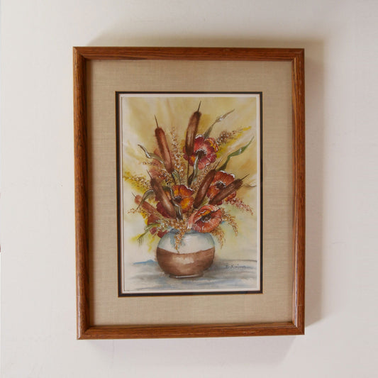 Vintage Framed Florals in Vase Watercolor, Vintage Watercolor Print, Vintage Floral Print, Vintage Cattail Print, Vintage Poppy Flower Watercolor, Vintage Cattail Watercolor
