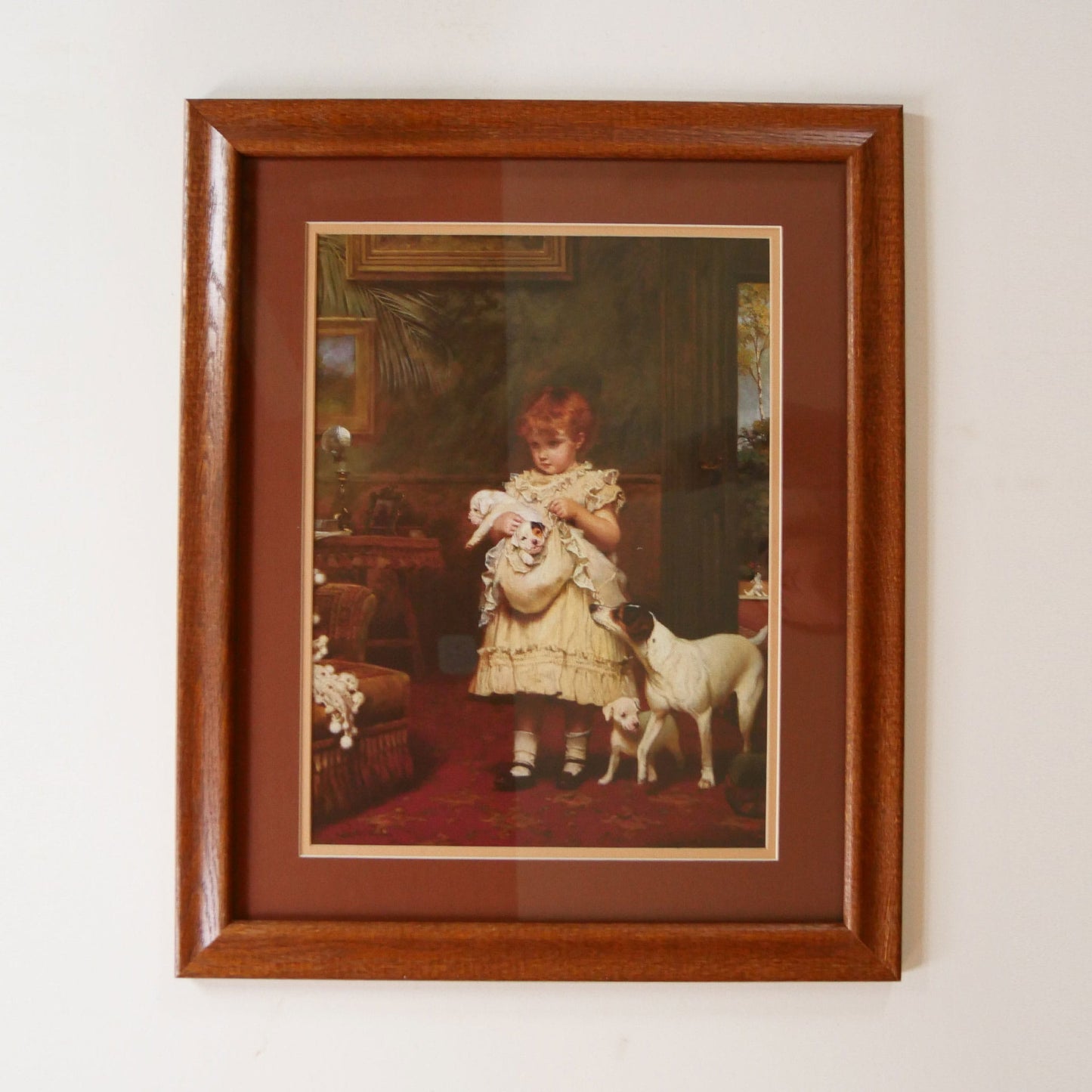 Vintage Framed Girl with Dogs Print, 22inx18in, Vintage Print, Vintage Framed Dog Print, Vintage Framed Dog Artwork, Vintage Dog Print, Vintage Dog Wall Decor