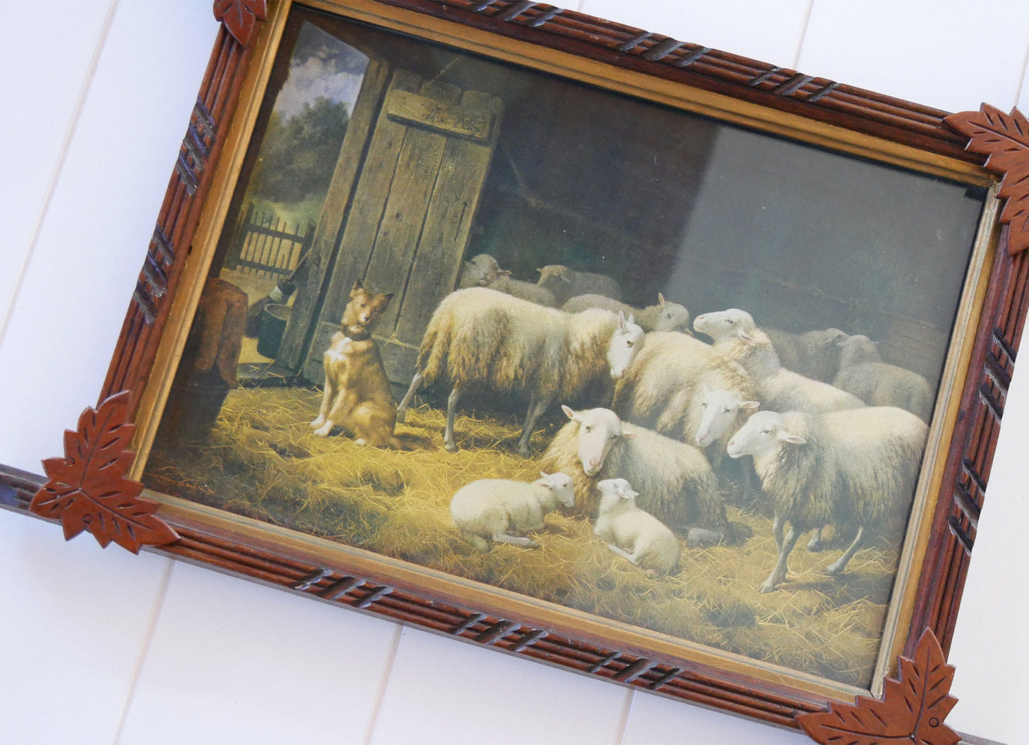 Vintage Leaf Design Framed Sheep Dog On Guard Lithograph, Vintage Countryide Lithograph, Vintage Wall Decor, Vintage Countryside Wall Decor, Vintage Sheep Print, Vintage FLock of Sheep Art, Vintage Wall Decor