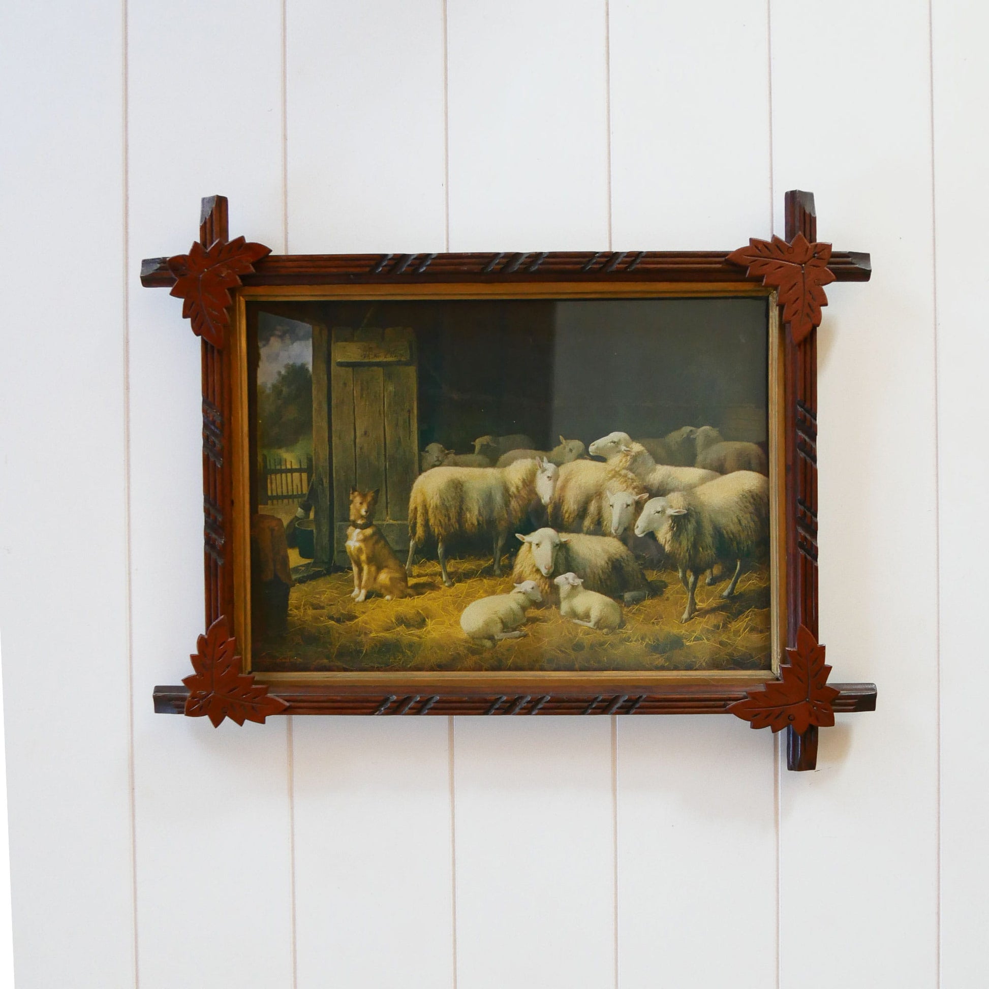 Vintage Leaf Design Framed Sheep Dog On Guard Lithograph, Vintage Countryide Lithograph, Vintage Wall Decor, Vintage Countryside Wall Decor, Vintage Sheep Print, Vintage FLock of Sheep Art, Vintage Wall Decor