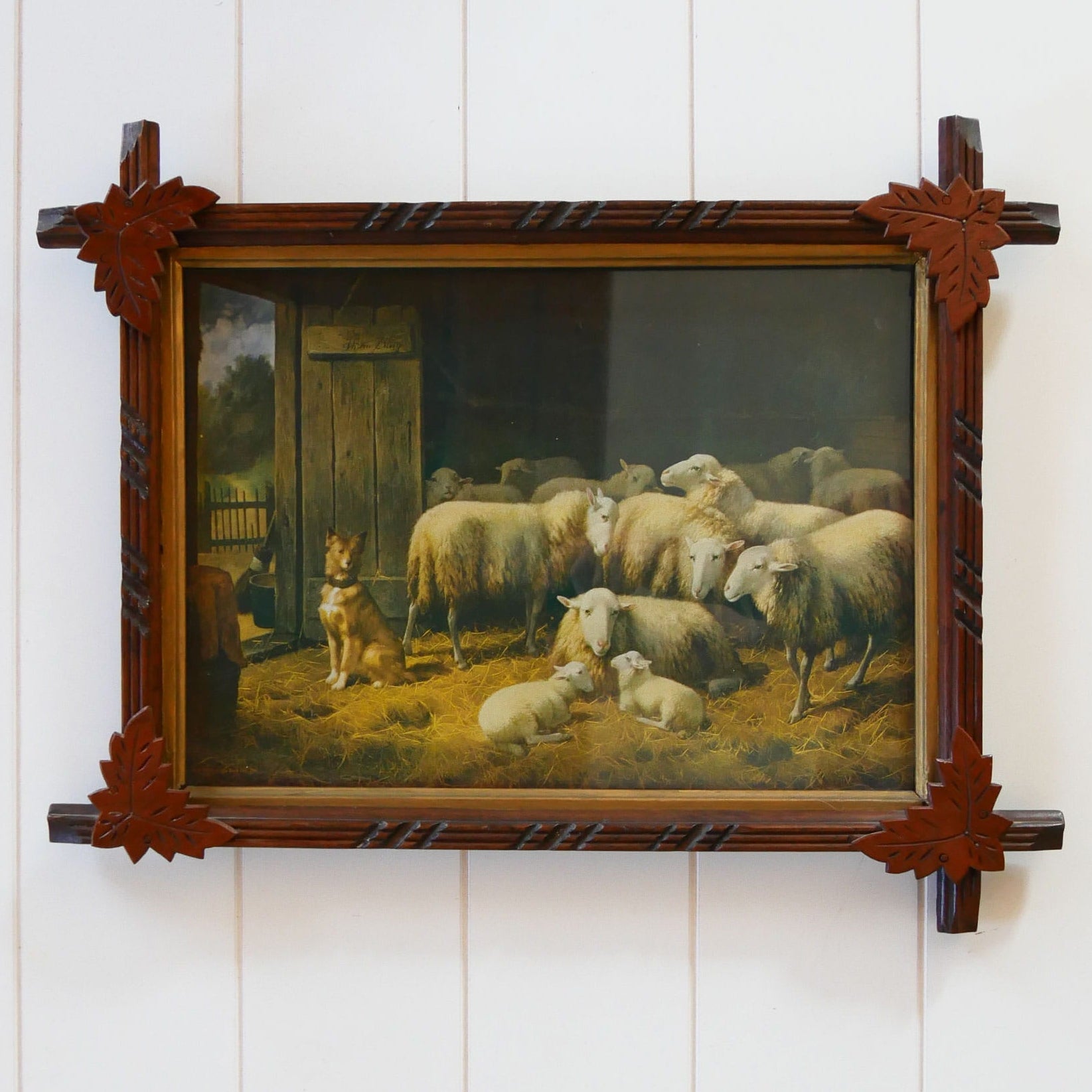 Vintage Leaf Design Framed Sheep Dog On Guard Lithograph, Vintage Countryide Lithograph, Vintage Wall Decor, Vintage Countryside Wall Decor, Vintage Sheep Print, Vintage FLock of Sheep Art, Vintage Wall Decor