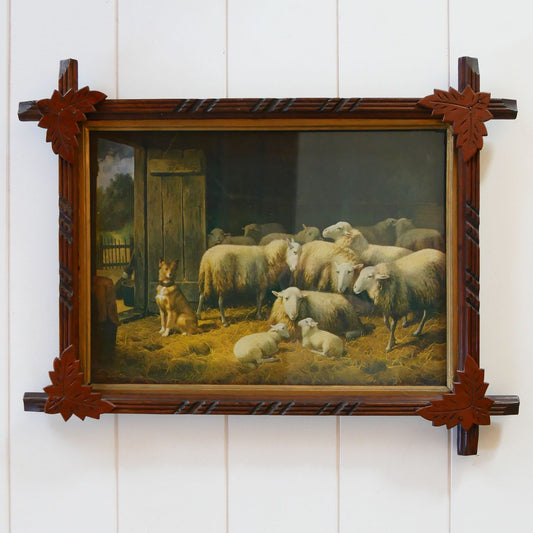 Vintage Leaf Design Framed Sheep Dog On Guard Lithograph, Vintage Countryide Lithograph, Vintage Wall Decor, Vintage Countryside Wall Decor, Vintage Sheep Print, Vintage FLock of Sheep Art, Vintage Wall Decor
