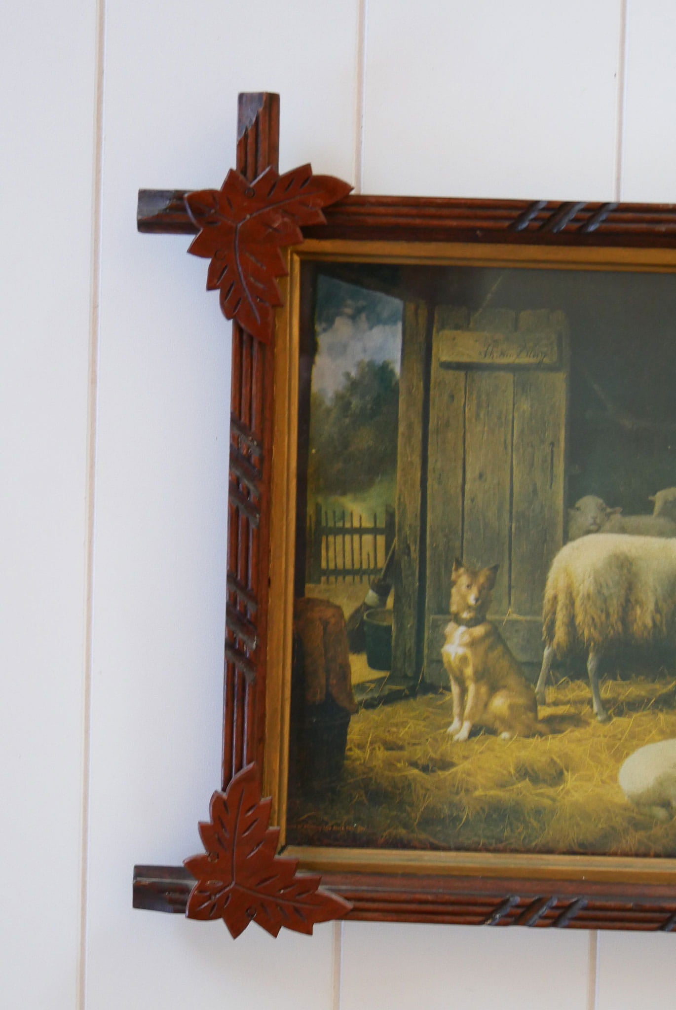 Vintage Leaf Design Framed Sheep Dog On Guard Lithograph, Vintage Countryide Lithograph, Vintage Wall Decor, Vintage Countryside Wall Decor, Vintage Sheep Print, Vintage FLock of Sheep Art, Vintage Wall Decor