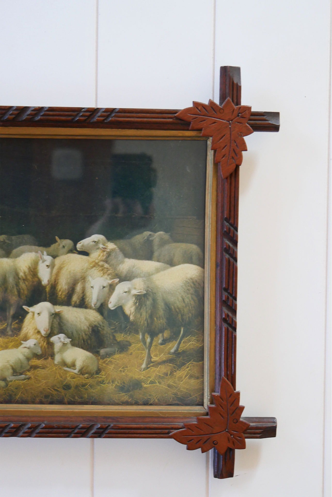 Vintage Leaf Design Framed Sheep Dog On Guard Lithograph, Vintage Countryide Lithograph, Vintage Wall Decor, Vintage Countryside Wall Decor, Vintage Sheep Print, Vintage FLock of Sheep Art, Vintage Wall Decor