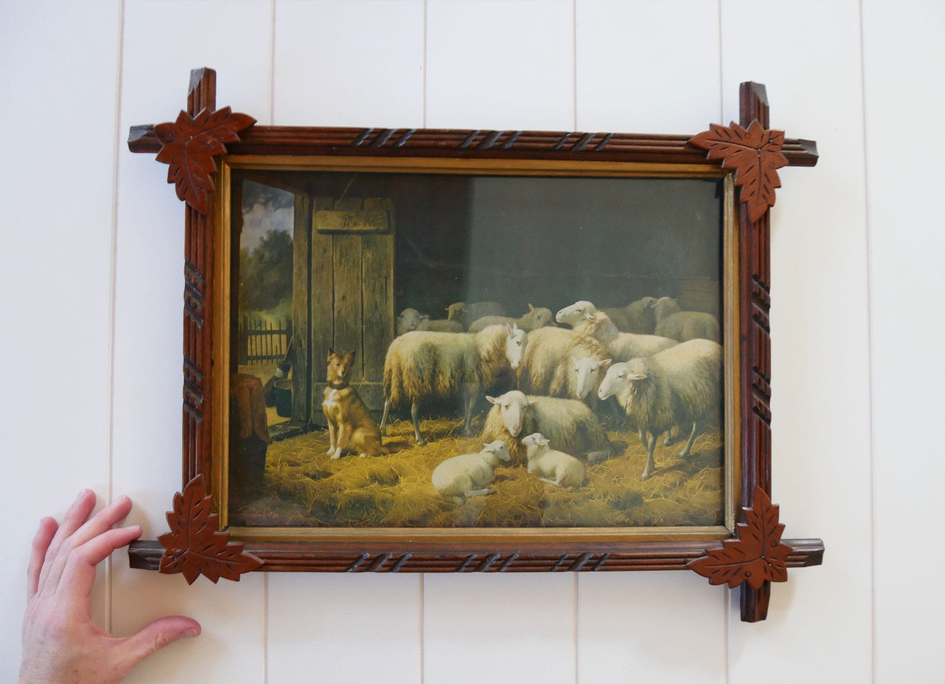 Vintage Leaf Design Framed Sheep Dog On Guard Lithograph, Vintage Countryide Lithograph, Vintage Wall Decor, Vintage Countryside Wall Decor, Vintage Sheep Print, Vintage FLock of Sheep Art, Vintage Wall Decor