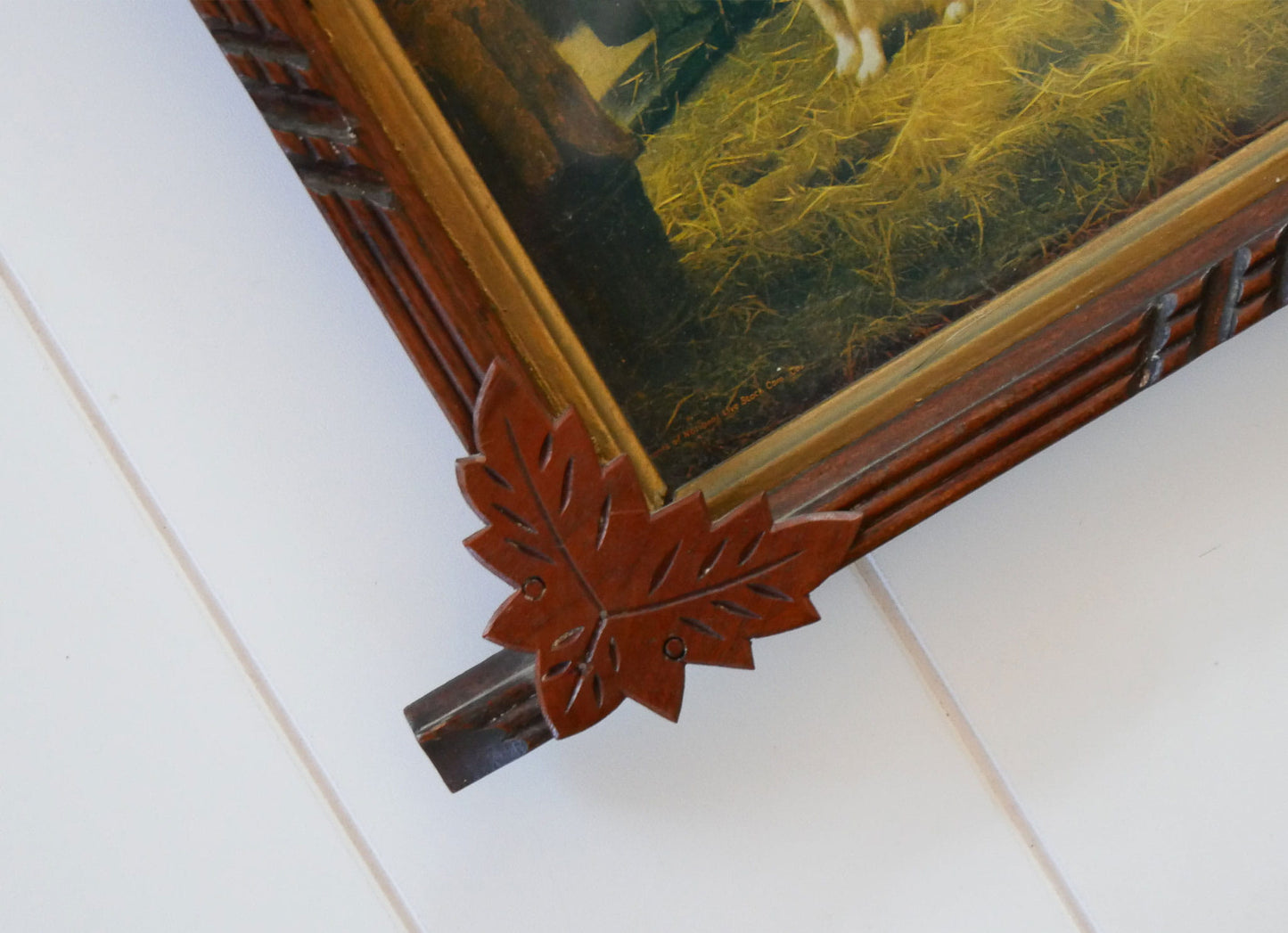 Vintage Leaf Design Framed Sheep Dog On Guard Lithograph, Vintage Countryide Lithograph, Vintage Wall Decor, Vintage Countryside Wall Decor, Vintage Sheep Print, Vintage FLock of Sheep Art, Vintage Wall Decor