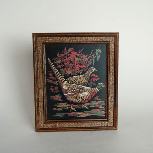 Vintage Framed Pheasant Velvet Artwork, Vintage Pheasant Artwork, Vintage Woodland Bird Artwork, Vintage Wood Bird Artwork, Pheasant Decor, Vintage Pheasant decor